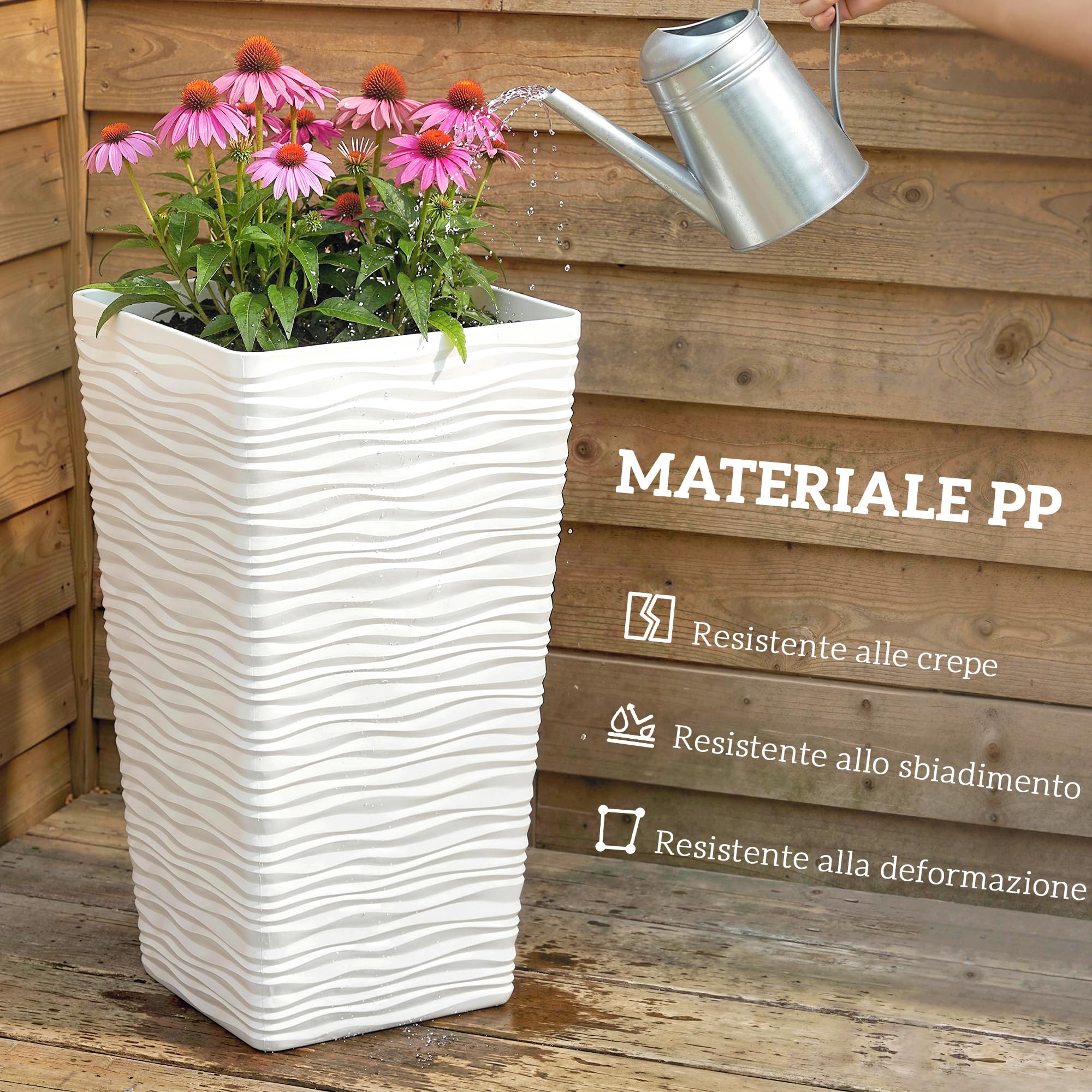 Outsunny Set di 3 Vasi da Esterno Impilabili con Motivo Ondulato, Vasi per Piante da Esterno Quadrati in Plastica per Fiori con Fori di Drenaggio, 42/55/65 cm, Bianco