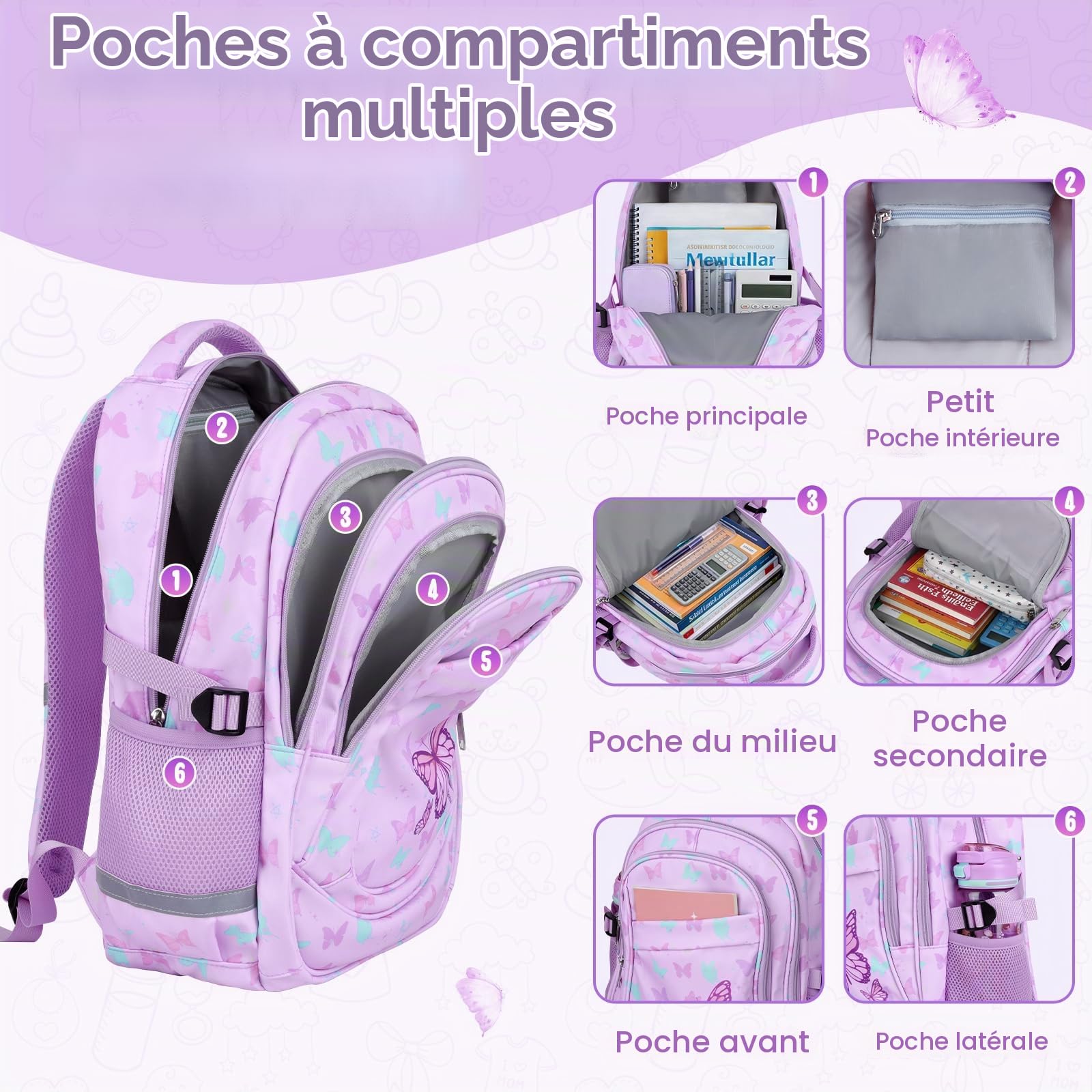 decalsweet Sac a dos Enfant, Grande Cartable Fille Primaire College Violet