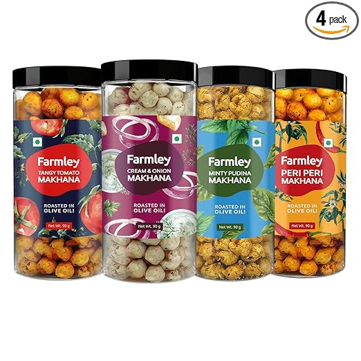 Farmley Roasted & Flavored Makhana- Minty Pudina, Peri Peri, Tangy Tomato, Cream & Onion (Pack of 4, 90 g Each)