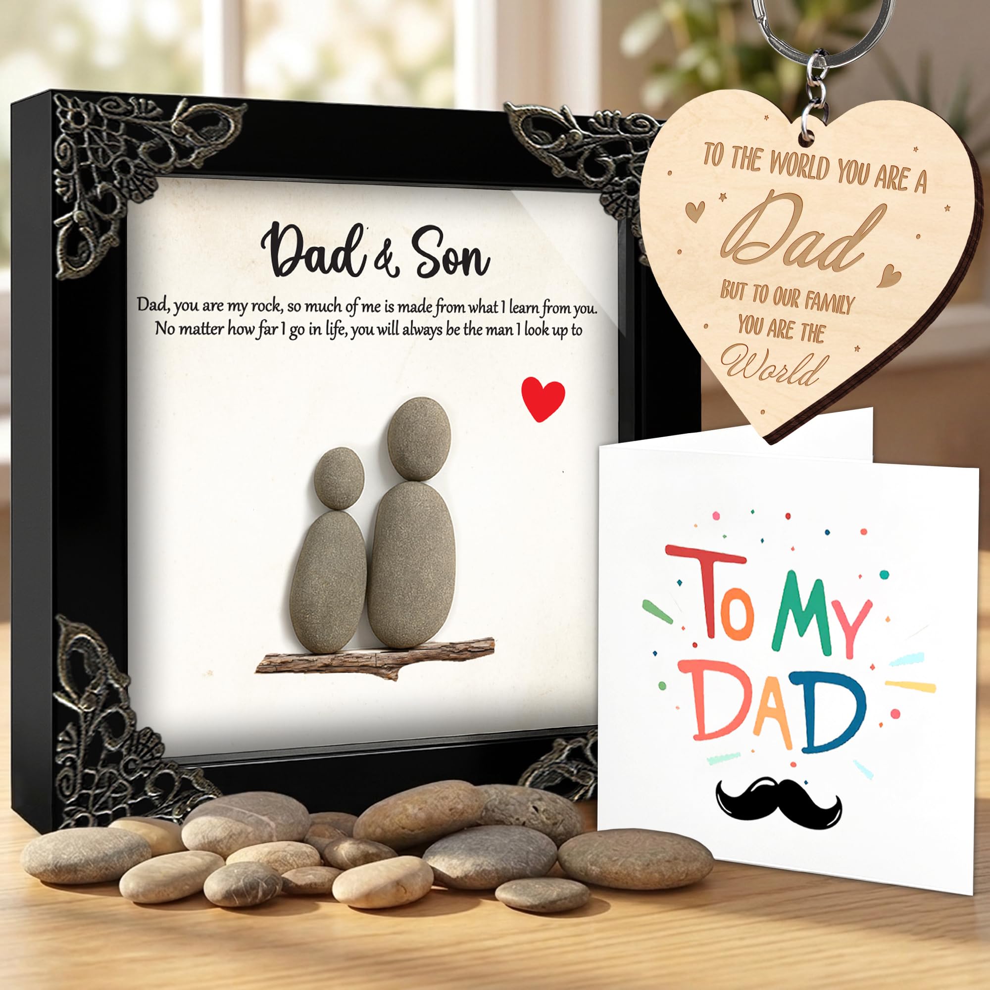 Plaque en bois artisanale pour papa et fils avec cadre galet chic