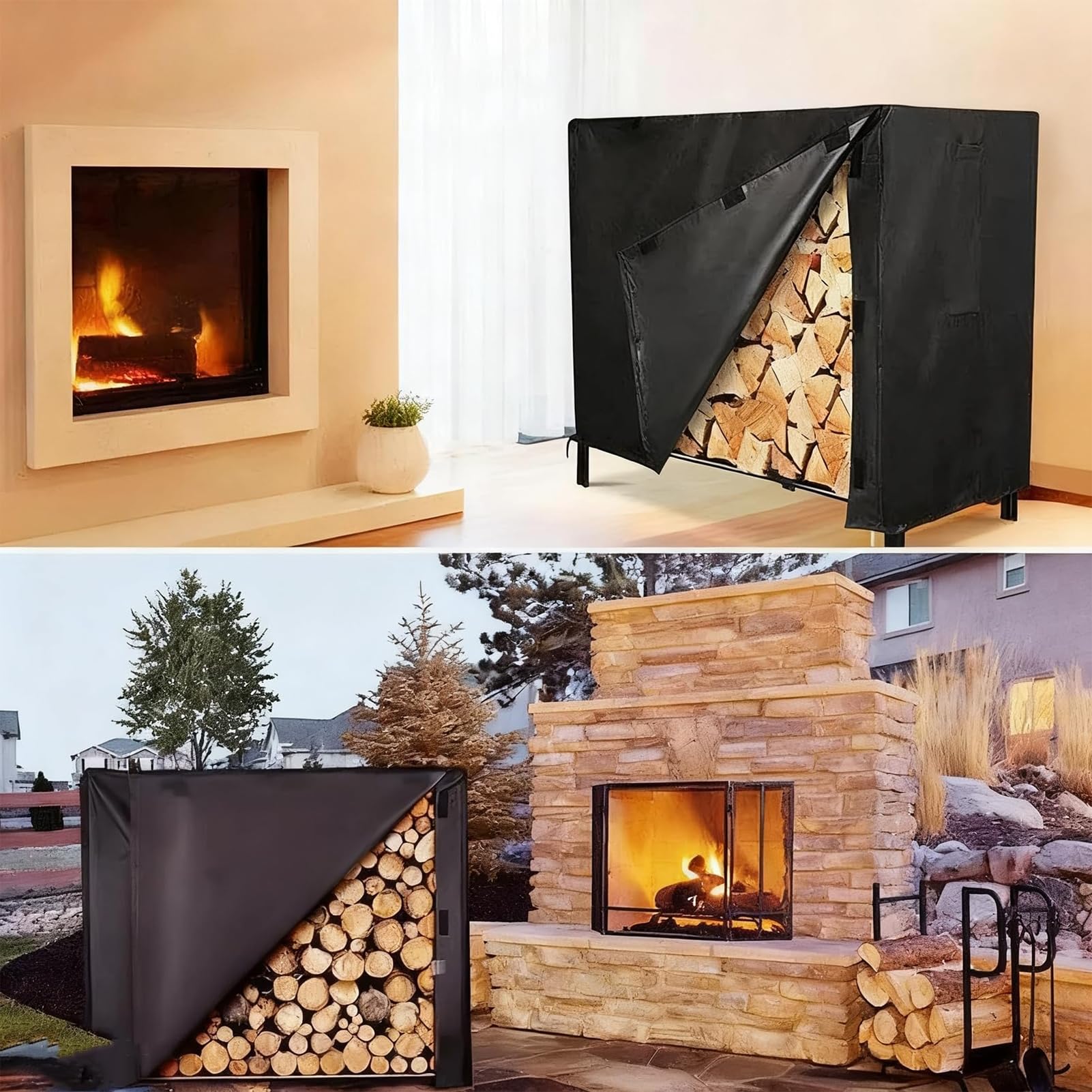 Housse pour étagère à bois de chauffage, tissu Oxford imperméable et robuste avec revêtement en PVC pour protection intérieure et extérieure contre les intempéries