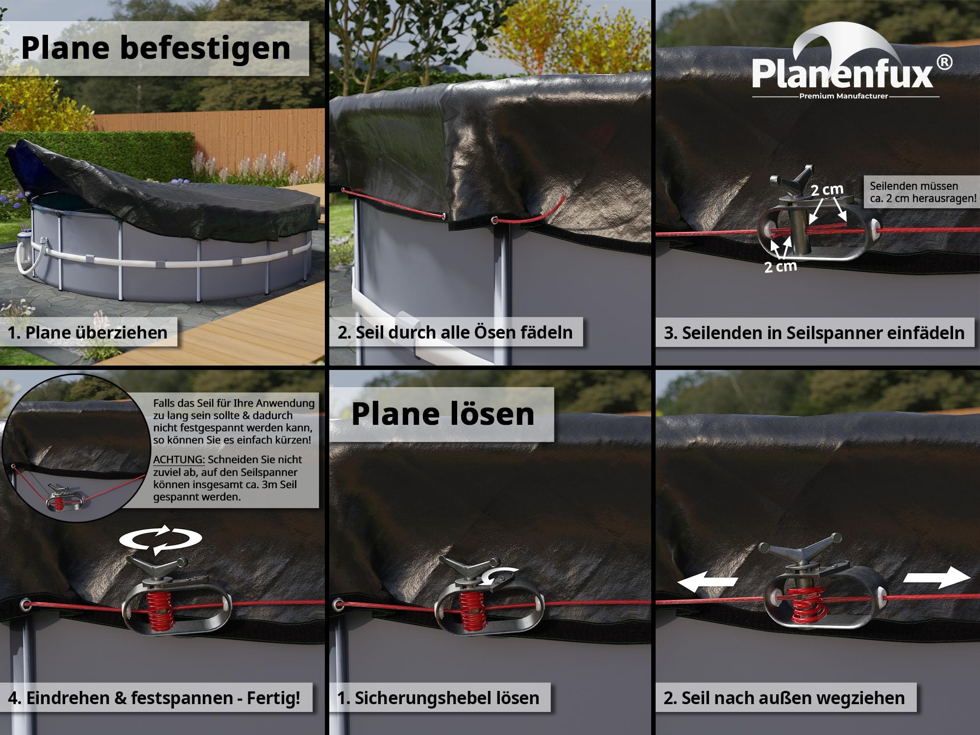 Planenfux® Tendeur de câble métallique avec câble en acier gainé de 2 mm (31 m) | Tendeur de câble métallique pour bâche de piscine, bâche de jardin et bien plus encore | Kit de tension avec fil de