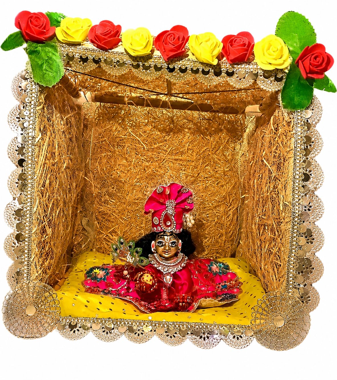 Khas Ki Kutiya for Laddu Gopal, Natural Grass Jhula Mandir with Decorative Rose Garland-image-47