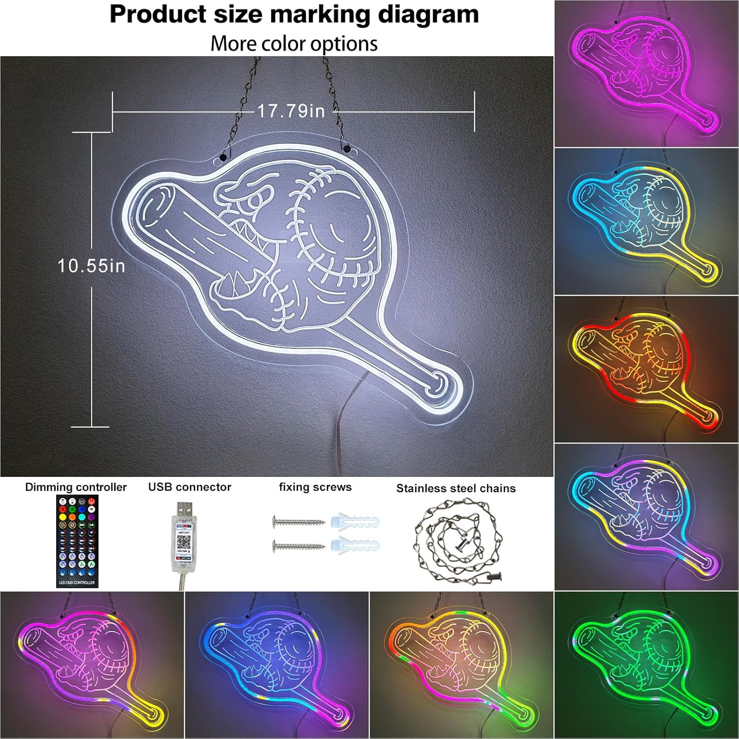 Baseball Neon Sign 17.8×10.5 Inch Baseball Night Light for Kids with Remote Control Dimmable LED Lamp as Room and Bedroom Decoration Gift for Baseballs Fans
