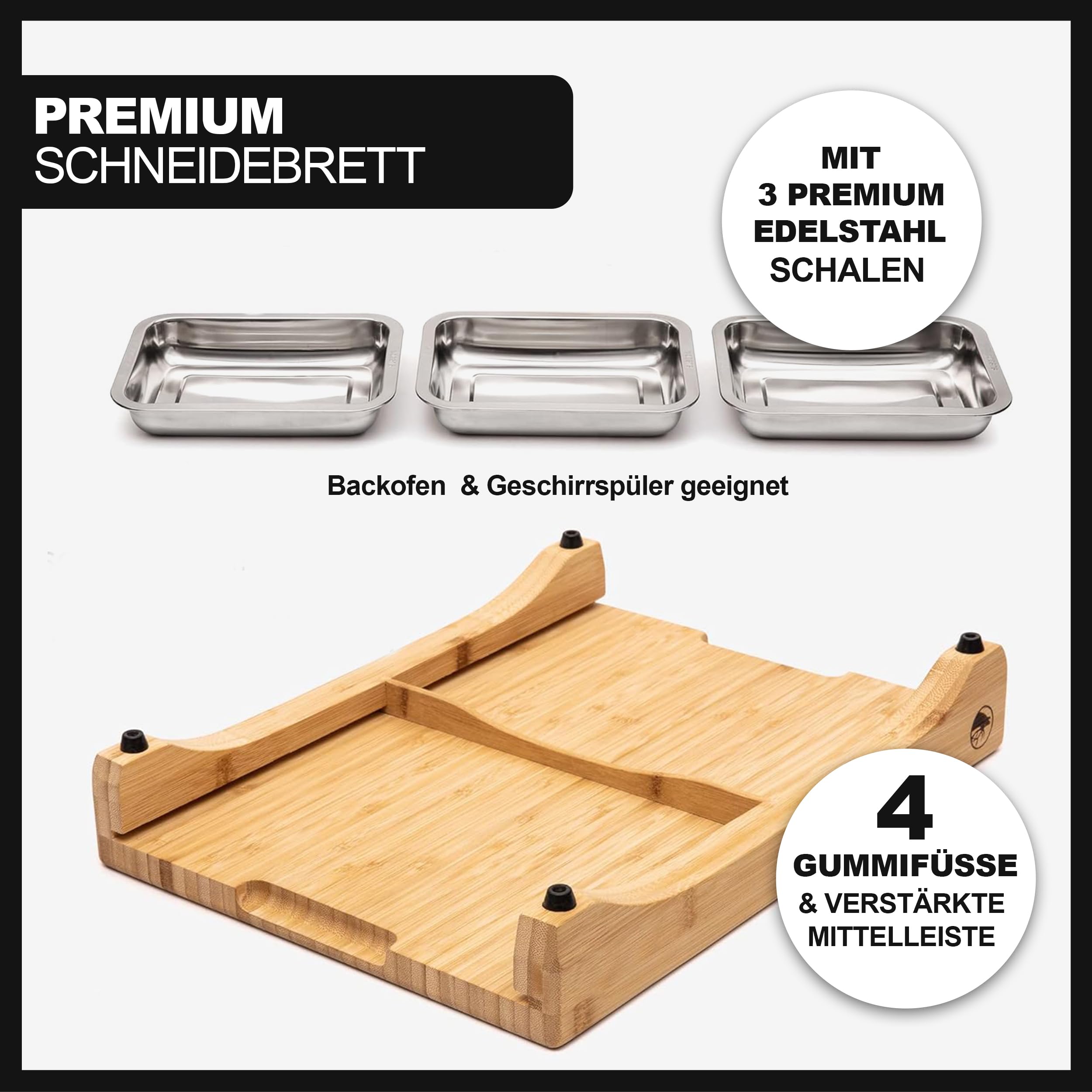 Grünhirsch® Premium Schneidebrett Bambus mit 3 x Auffangschale (Gr. 40x30x7cm) - Holzbrett & Küchenbrett Küche - Profi Cutting Board Set aus Holz - Holzschneidebrett mit 3 Auffang-Behälter (groß)