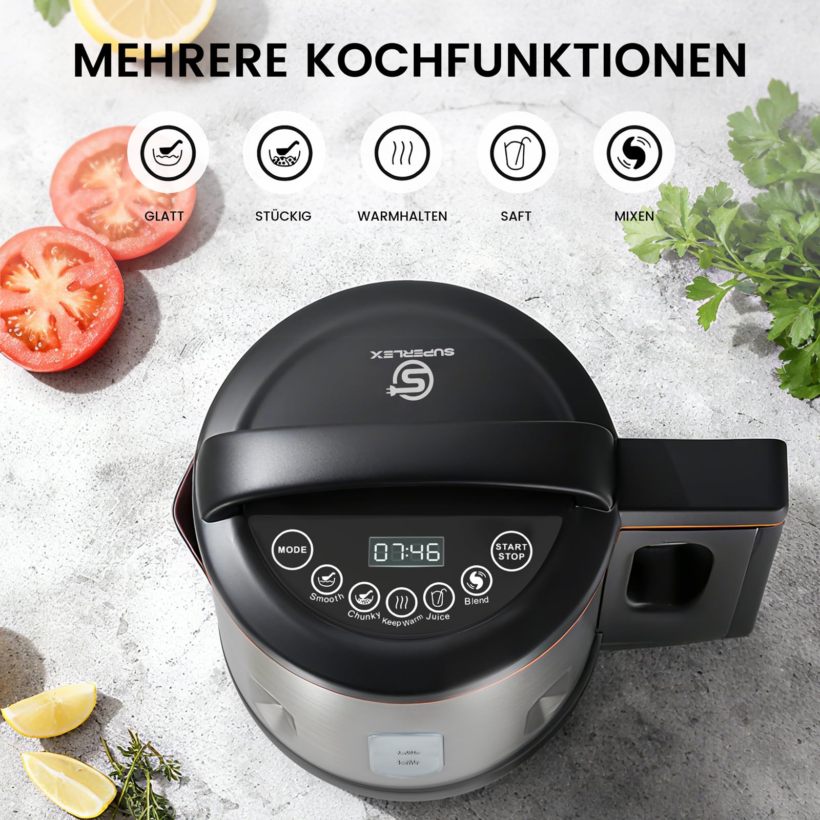 Zuppa elettrica multifunzione da 1,8 l, in acciaio inox, 1000 W, con funzione mixer, 4 programmi, timer, funzione di mantenimento del calore, autopulente per zuppe frullati