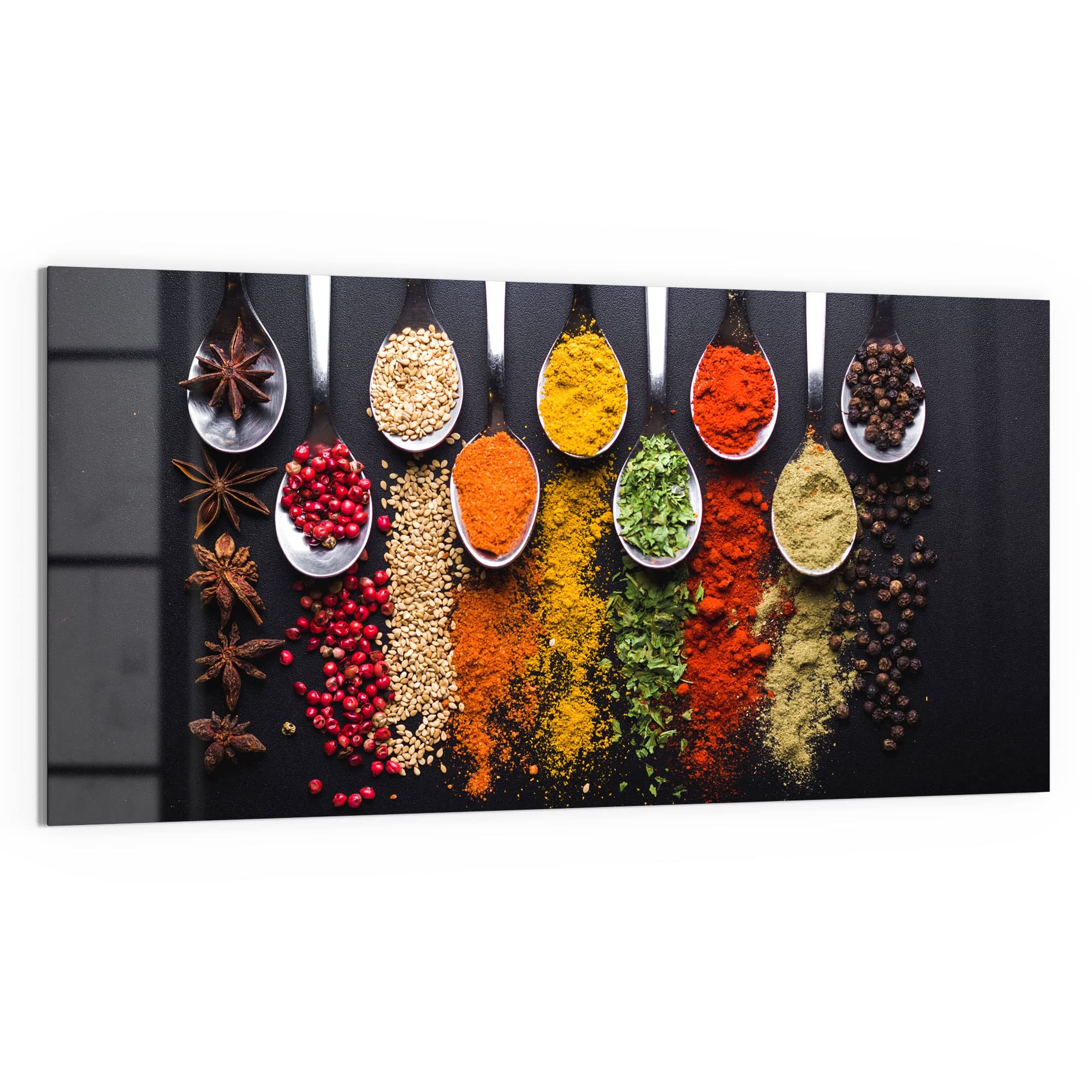 DEQORI Glas-Magnettafel | 100x50 cm groß | Motiv Kochlöffel mit Gewürzen | Memo-Board aus Glas | Magnetboard inkl. Magnete, Stift & Tuch für Küche & Büro | Tafel magnetisch & beschreibbar