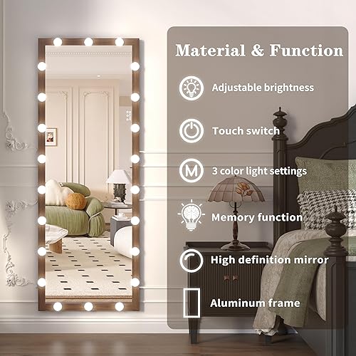 Miniatura 12 de ANYHI Full Length Mirror with Lights, 63" x 24" Full Lenth Vanity Mirror, 22 LED Bulbs, 3 Color Lights, Dimmable, Aluminum Thick Frame, for Dressing