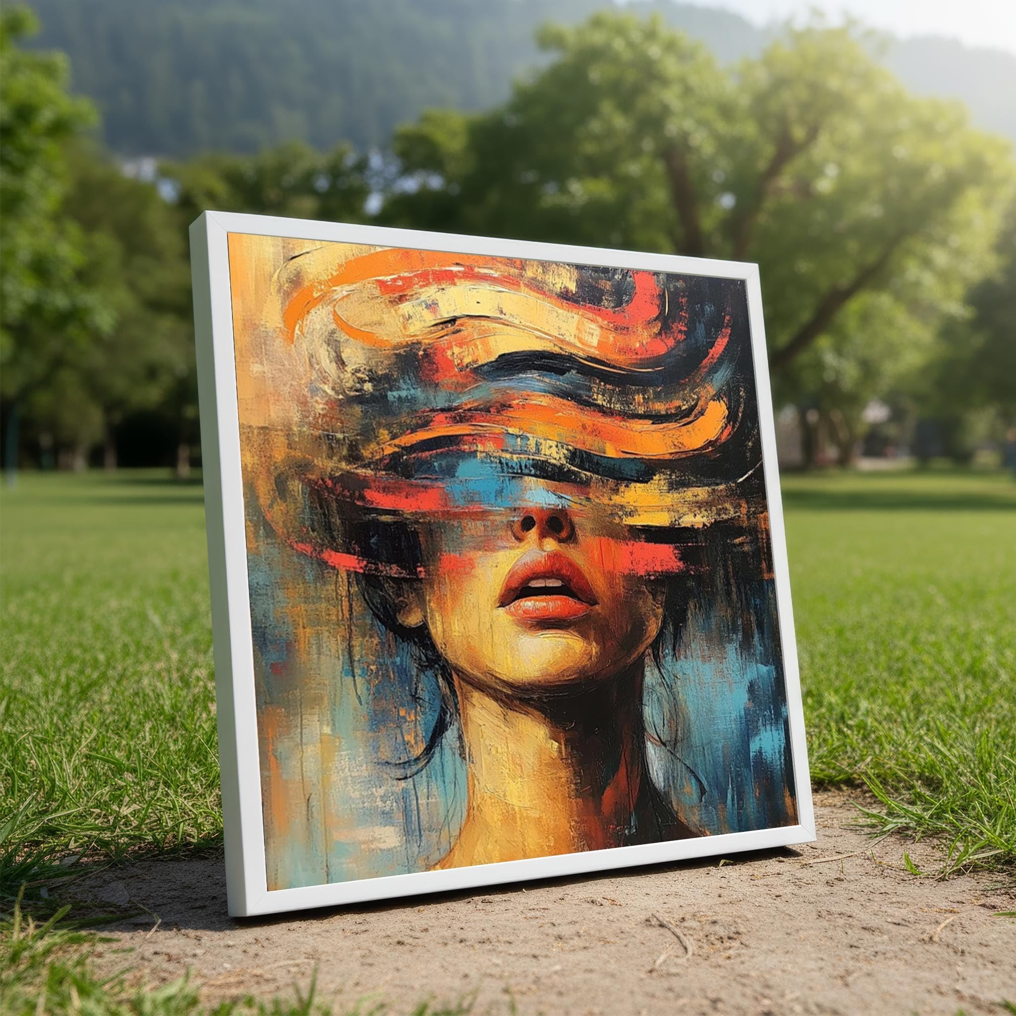 YUSUZHU Woman Portrait Canvas –Colorful Face Art with Brush Stroke Eyes in Orange Blue Gold for Boho Interior Wall Decor Painting(45x45cm/Frameless)