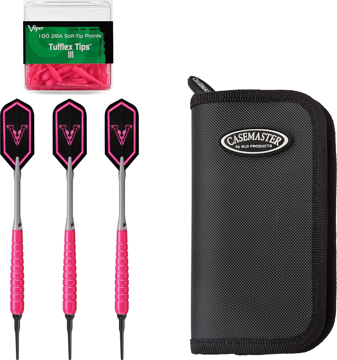Viper V Glo Soft Tip 18gm Pink, Casemaster Deluxe Black Nylon Dart Case 2BA Tufflex Tips III- Neon Pink 100ct. Box