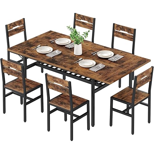 7-Piece Dining Table Set for 4-6, 63" Extendable Kitchen Table and 6 Chairs, Rectangle Dining Room Table Set for 6 with Wine Rack for Small Saving Space, Rustic Brown and Black