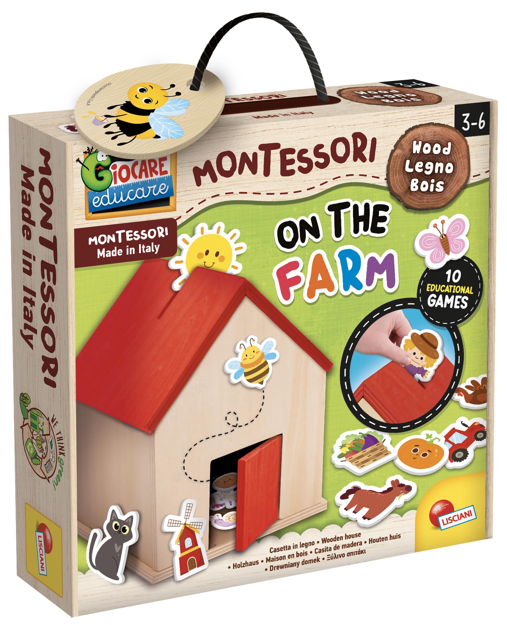 Lisciani - MONTESSORI BABY WOOD - The Farm - Educational Game for Children From 9 Months - 3D Wooden Houses and Farm Animals - Develops Touch and Logic - Made in Italy