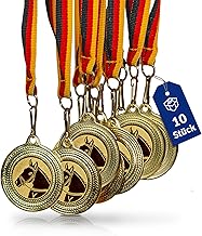 Pokal-Fabrik.de - Pferde-Medaillen 10er Set Metall - Pferdemedaille golden zum Umhängen für Siegerehrungen - Medaillen Kinder mit Deutschlandband & Emblem für Vereine & Turniere