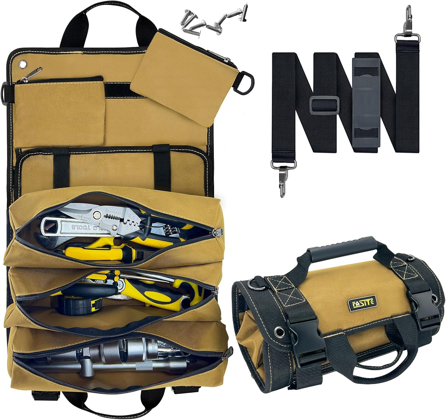 FASITE Tool Roll Bag Organizer - Heavy Duty Portable Roll Up Tool Bag with Wrench Rollup for Mechanics, Electricians, DIY - Detachable Pockets, Ideal Gifts for Dad, Him, Men