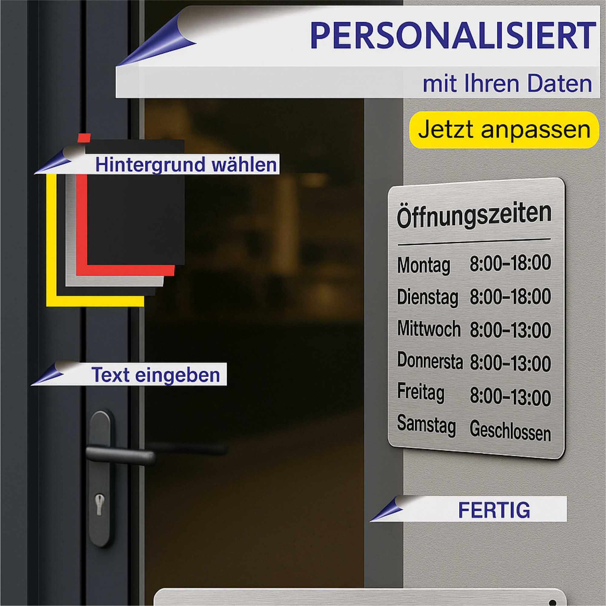 Indigos UG - Öffnungzeiten Schild Aluverbund 3mm Edelstahllook - Schilder selbst gestalten mit Wunschtext - 60x40 cm - wetterfestes Öffnungszeitenschild personalisierbar für Tür, Wand oder Gebäude