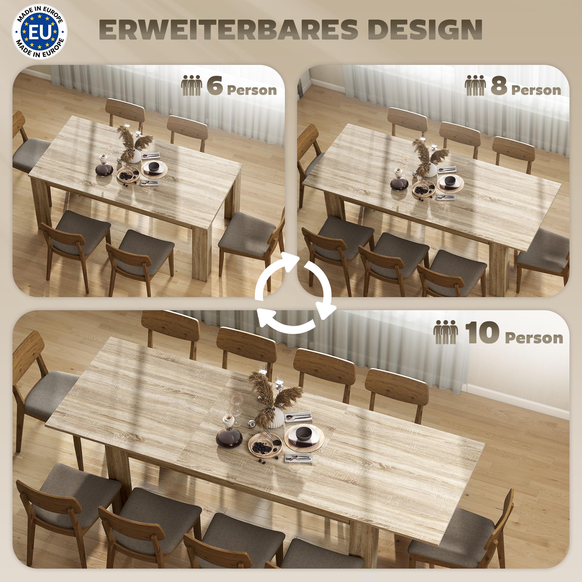 HOMCOM Esstisch ausziehbar 180-260 x 90 cm für 8-10 Personen Eiche