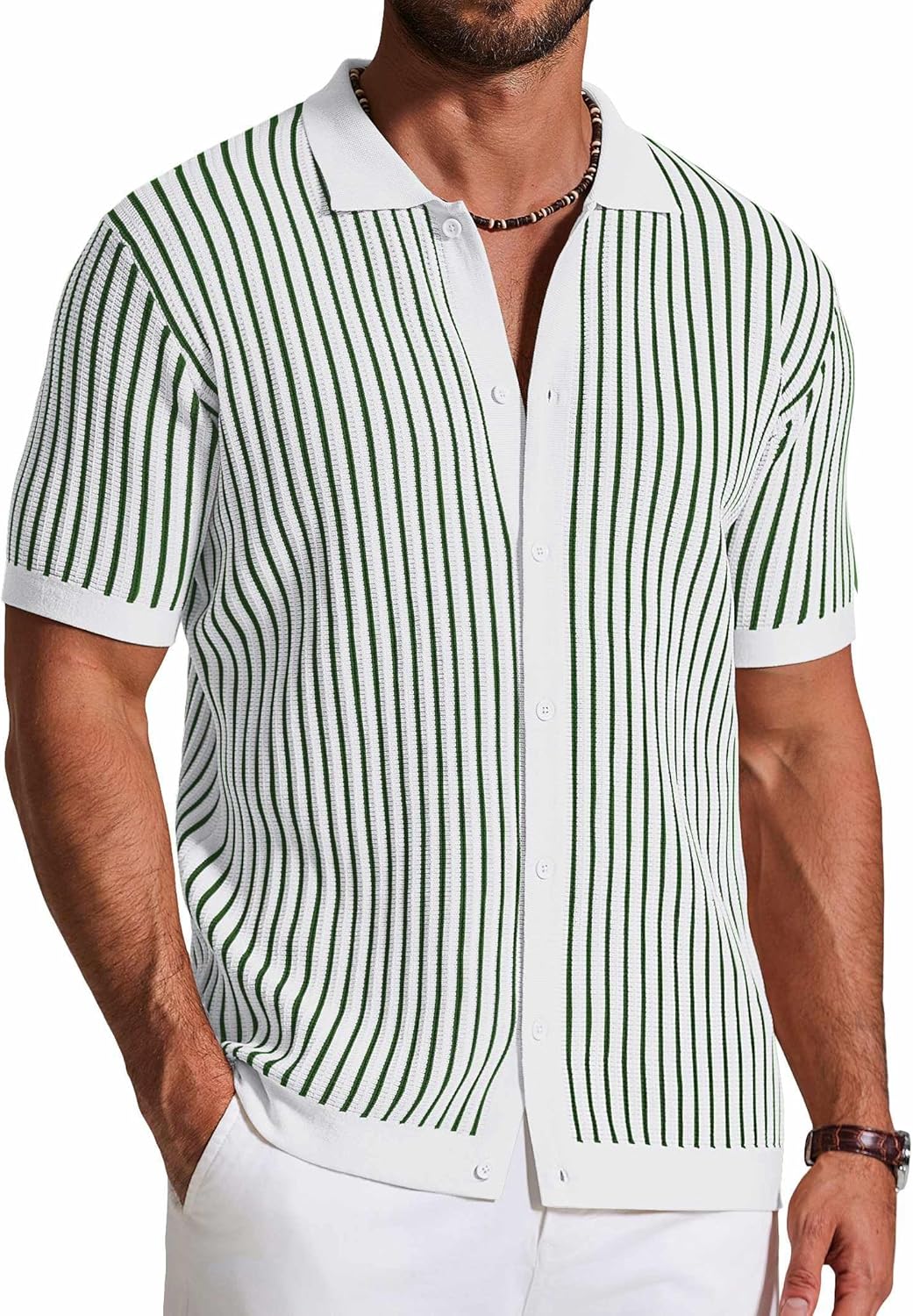 COOFANDY Mens Knit Button Down Shirts Short Sleeve Polo Shirt Vintage Striped Casual Shirts