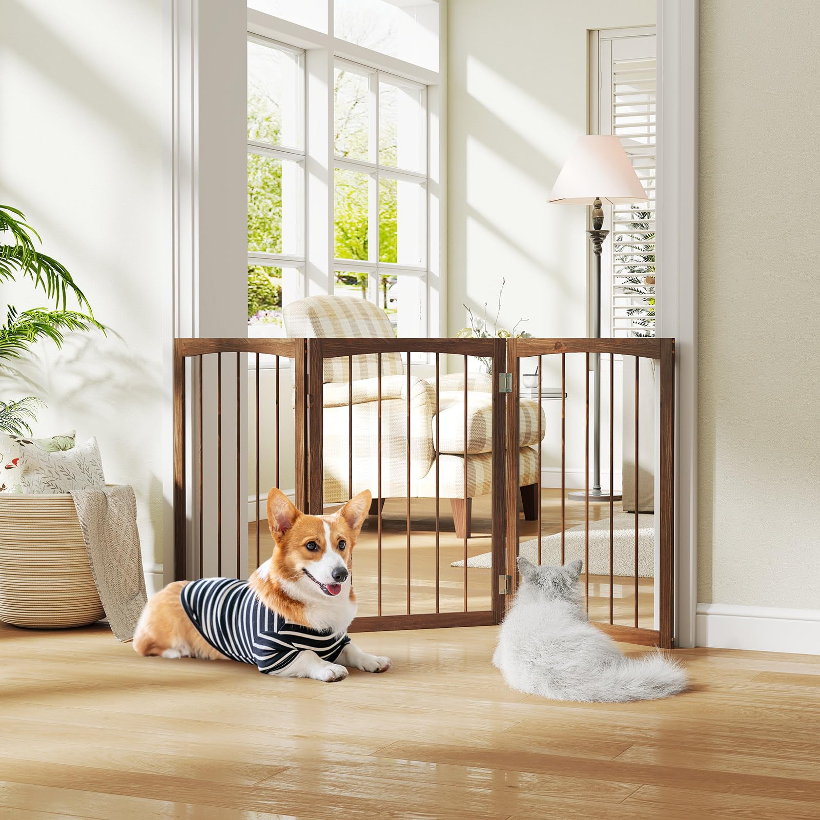 COSTWAY Barra para Perros Plegables, Barrera de Seguridad para Interiores, Separador de Habitaciones de 3 Paneles Plegable y Autoportante para Mascotas Pequeños y Medianos (Marrón)