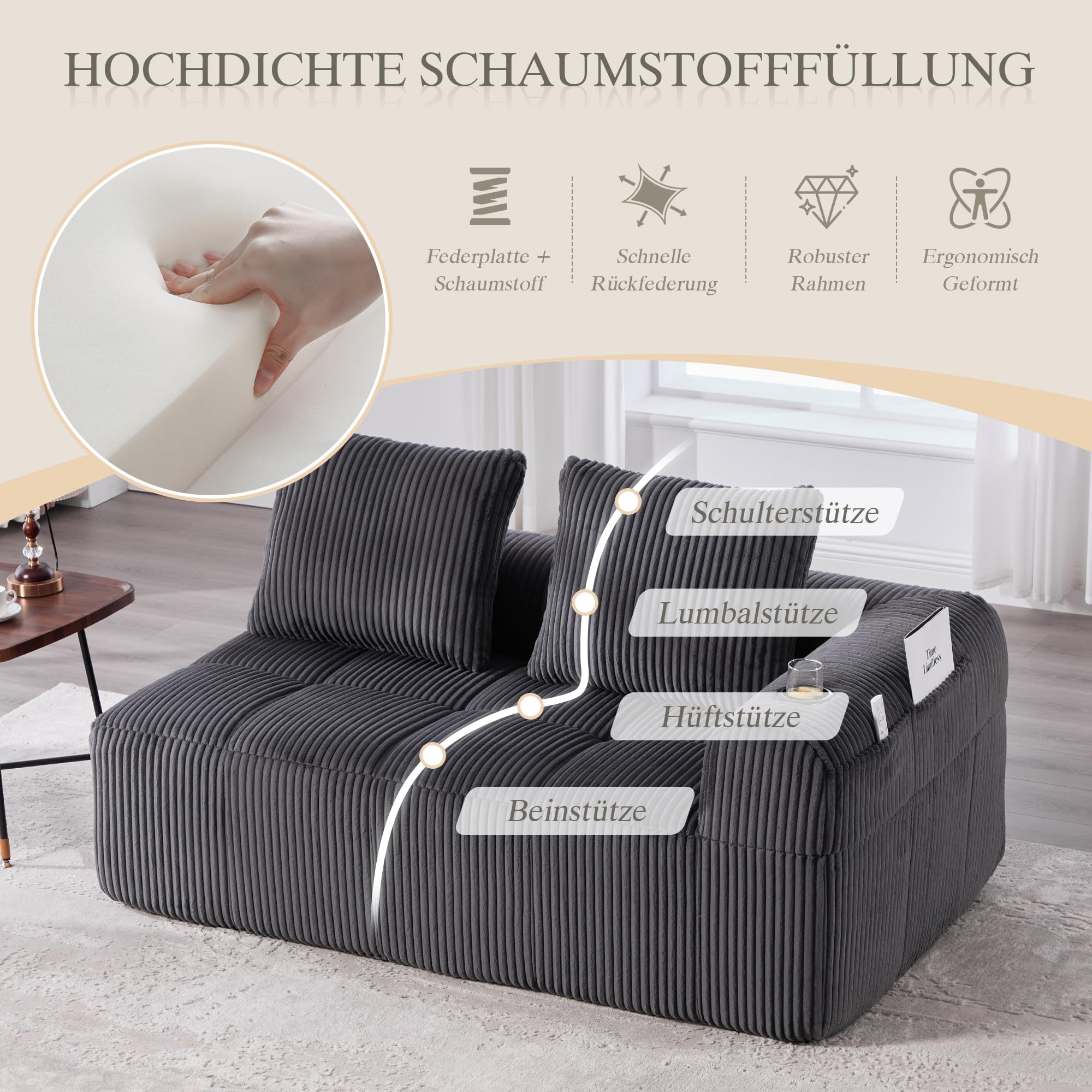 Sofa 2-osobowa, sztruksowa, rdzeń sprężynowy, uchwyt na napoje, kieszeń