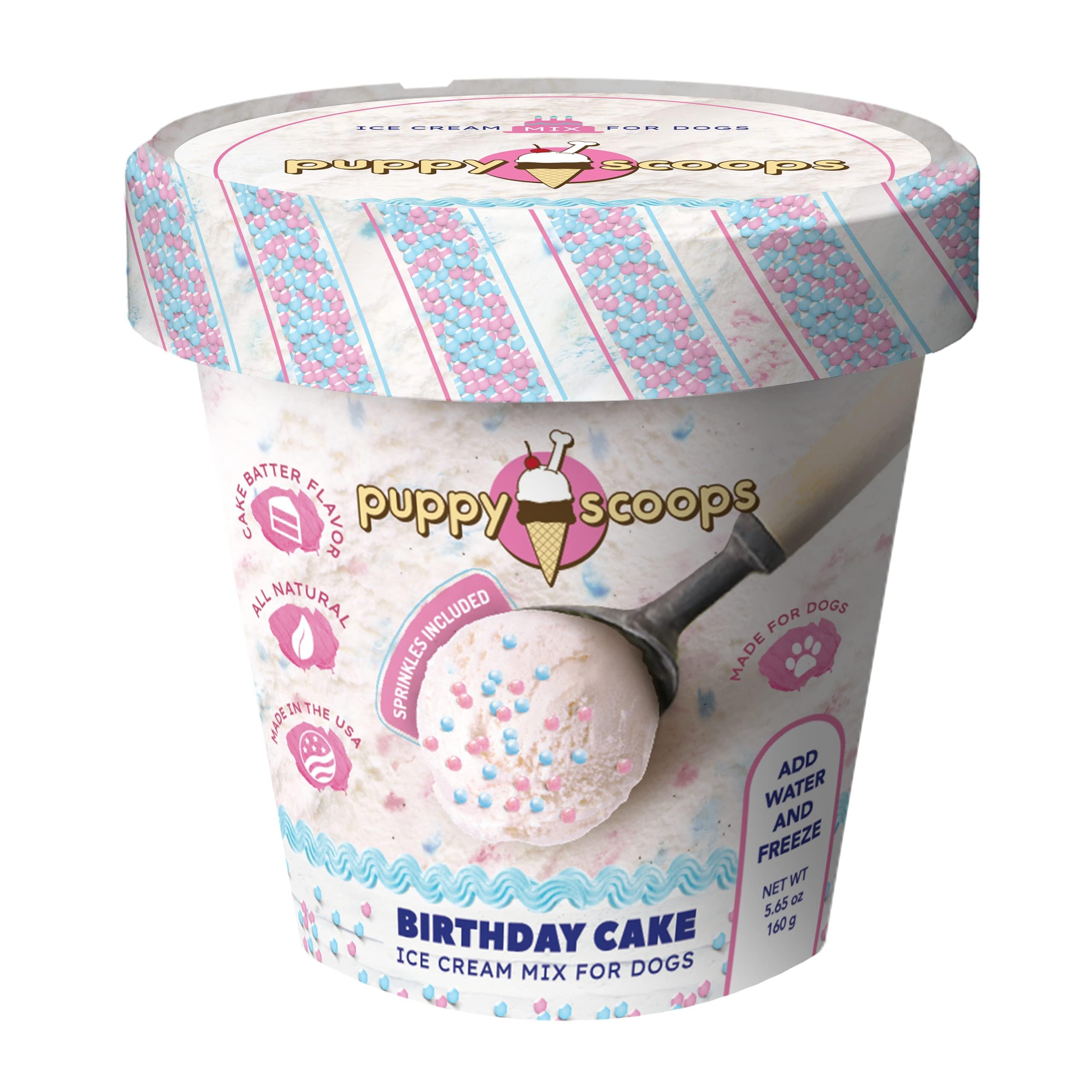 Dog Ice Cream Mix - Just Add Water and Freeze at Home, Powder Mix with Ice Cream Cup and Reusable Lid, (Birthday Cake with Pupfetti Sprinkles Flavor), 5.65 oz - Made in USA