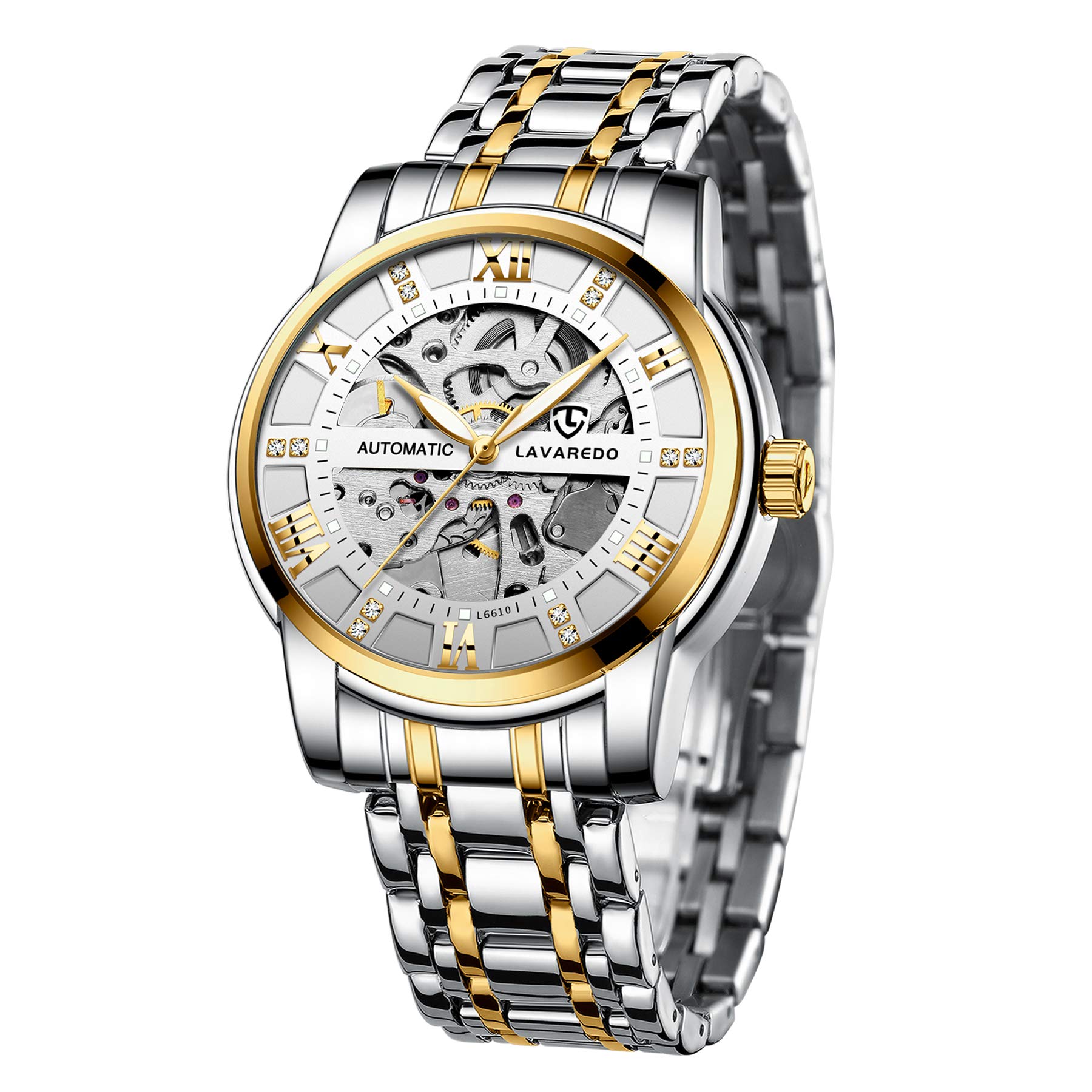 A ALPSMens Watch Skeleton Luxury Mechanical Stainless Steel Waterproof Black Automatic Self-Winding Roman Numerals Diamond Dial Wrist Watch