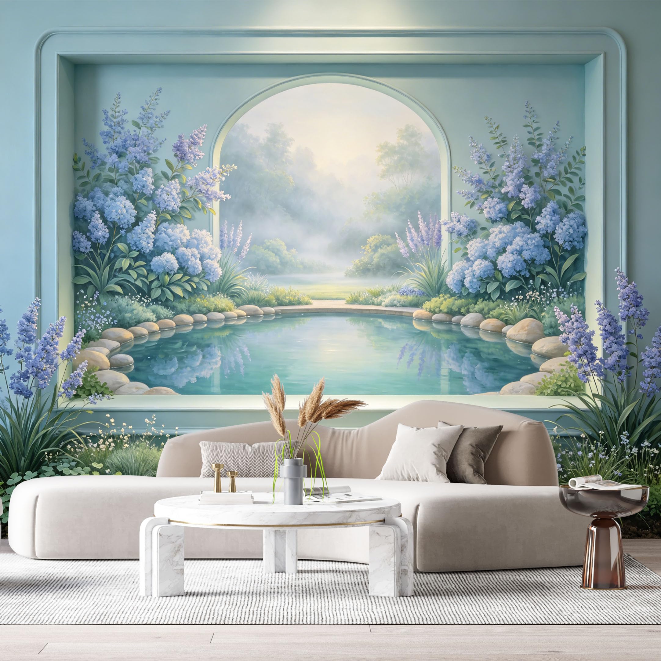 Custom Size Wall Murals Misty Garden Pond Floral Watercolor 3D Trompe L'Oeil SelfAdhesiveWall Fabric Removable Wallpaper Wall Decor for Living Room Bedroom Bathroom