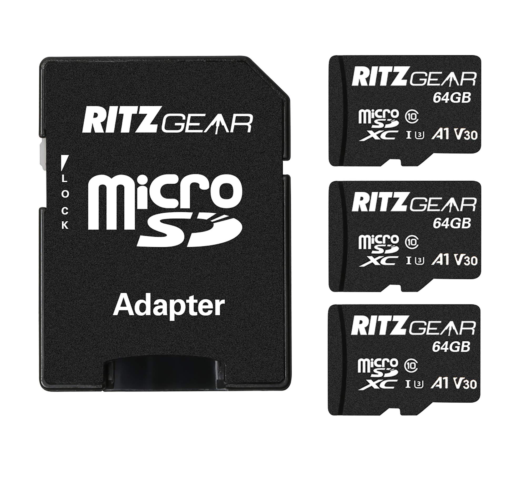 Ritz Gear 64GB Micro SD Card, microSDXC Full HD & 4K UHD, UHS-I, U3, A1, V30, C10 Memory-Card + Adapter for Android Smartphones, Tablets, Nintendo-Switch (3 Pack)