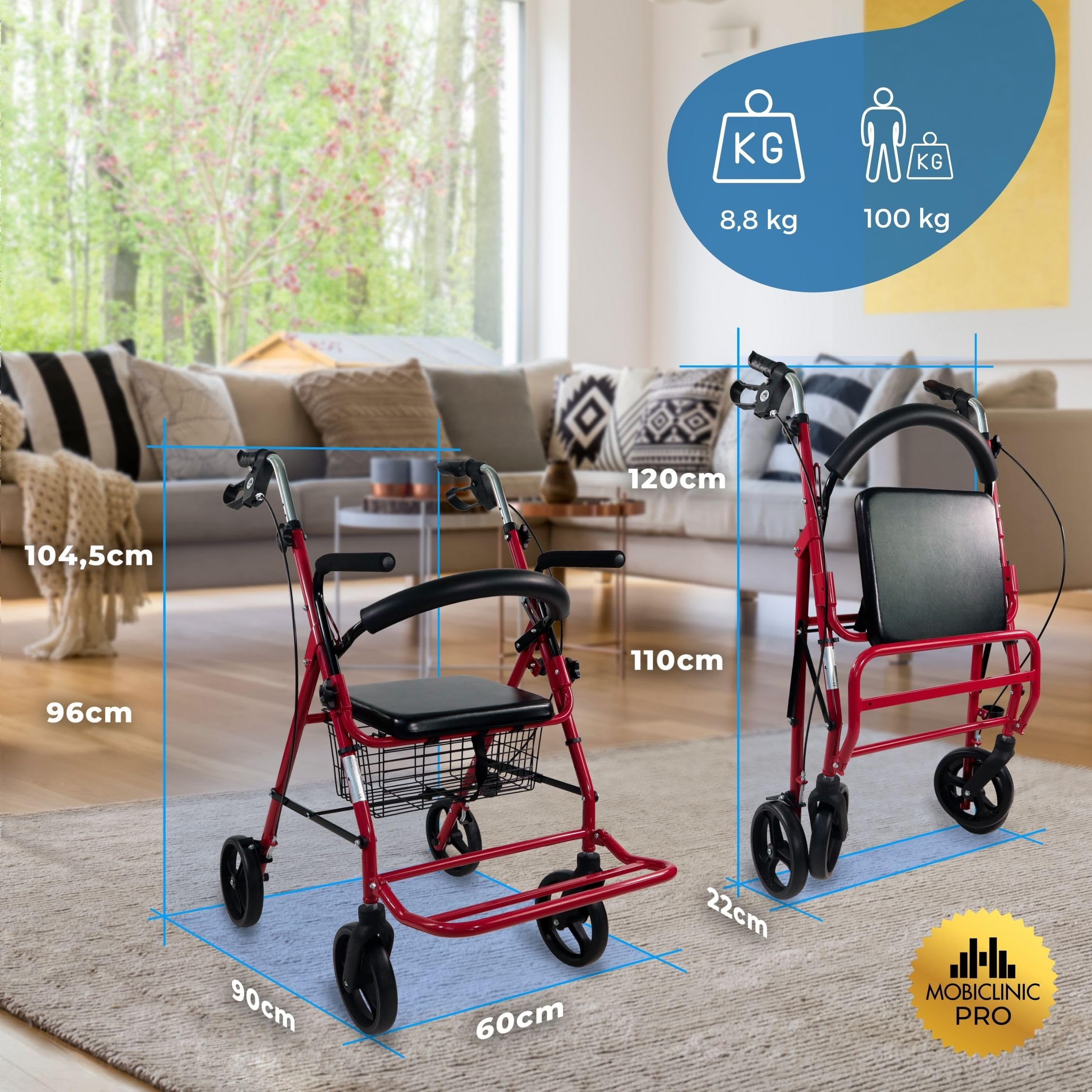 Mobiclinic® pro, Model colon, Spacerownik dla osób niepełnosprawnych, Starszych, Dorosłych lub w podeszłym wieku, Aluminiowy, Lekki, Składany, Z siedziskiem i 4 kołami. kolor bordeaux