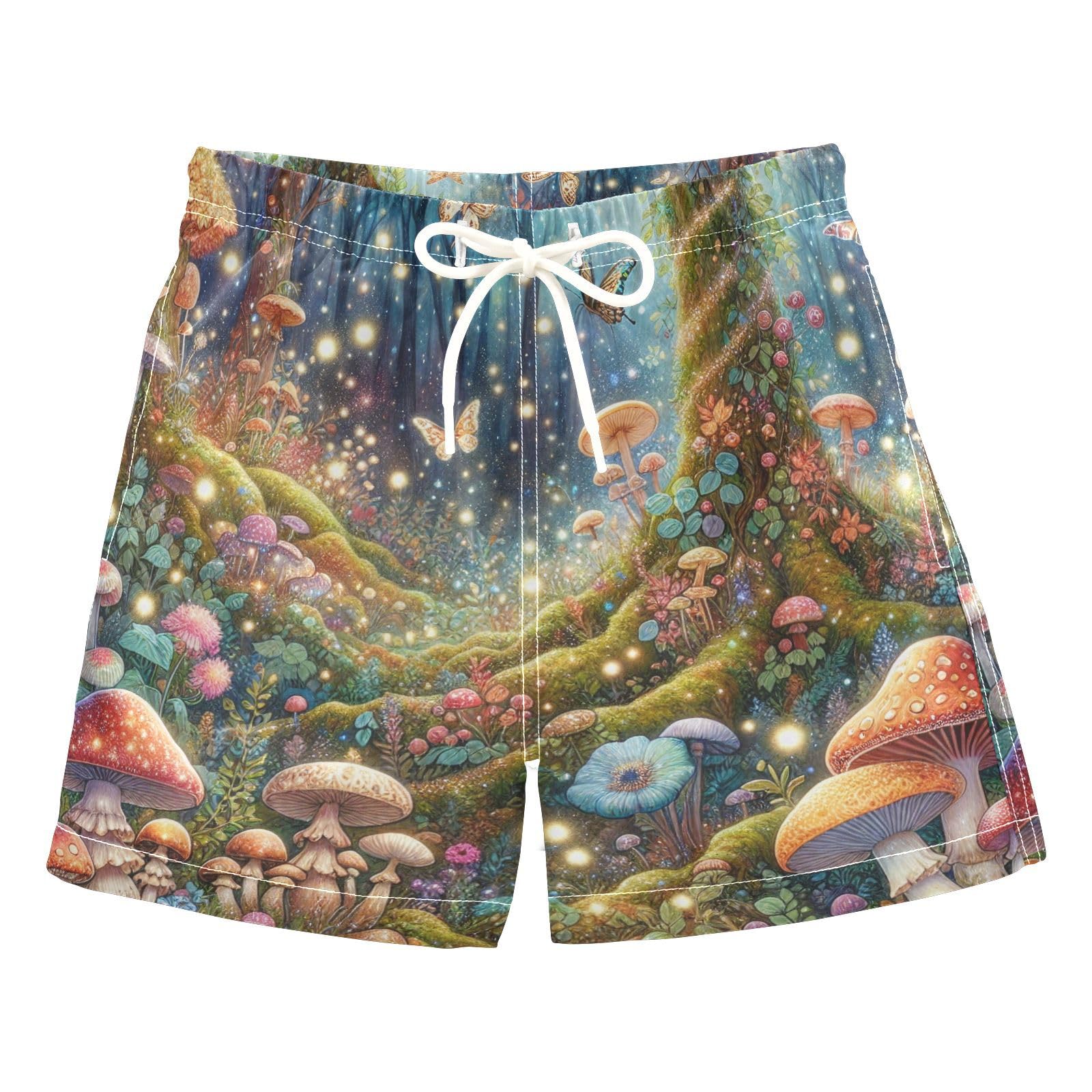 YANENDIE Boy Swim Trunks Fairyland Forest Mushrooms Summer Beach Quick Dry Swimsuit Bathing Suit, 2-8T