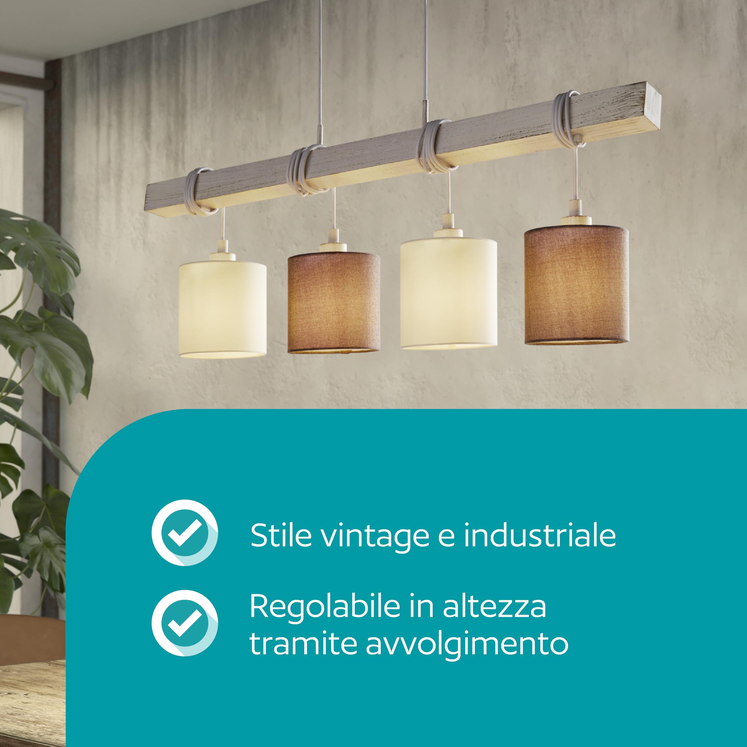 Eglo lampada a sospensione Townshend 2, 4 luci vintage, legno e acciaio