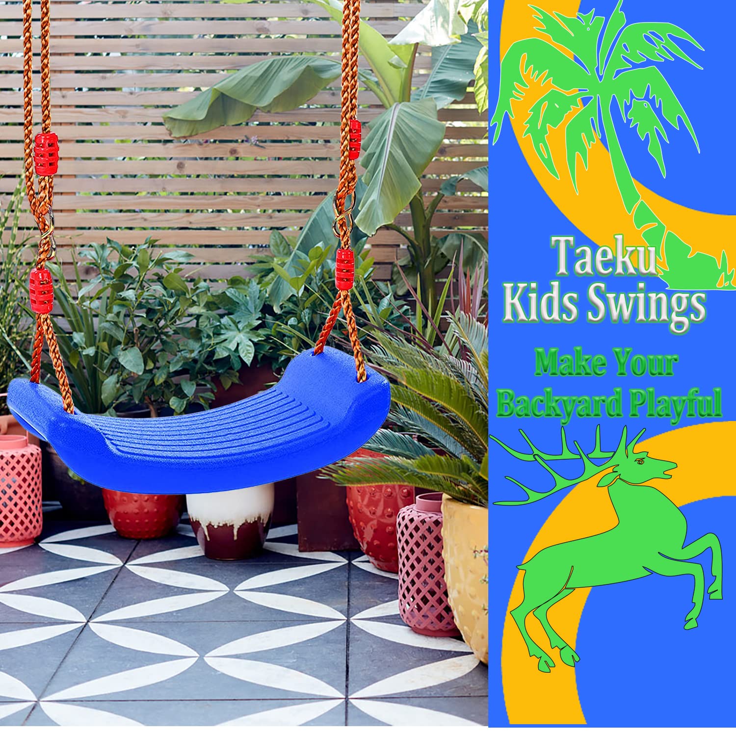 Taeku Asiento de Columpio, Plástico Jardín Árbol Patio Columpio Infantil Niños Bebe con Cuerda Regulables Exterior Interior (Azul)