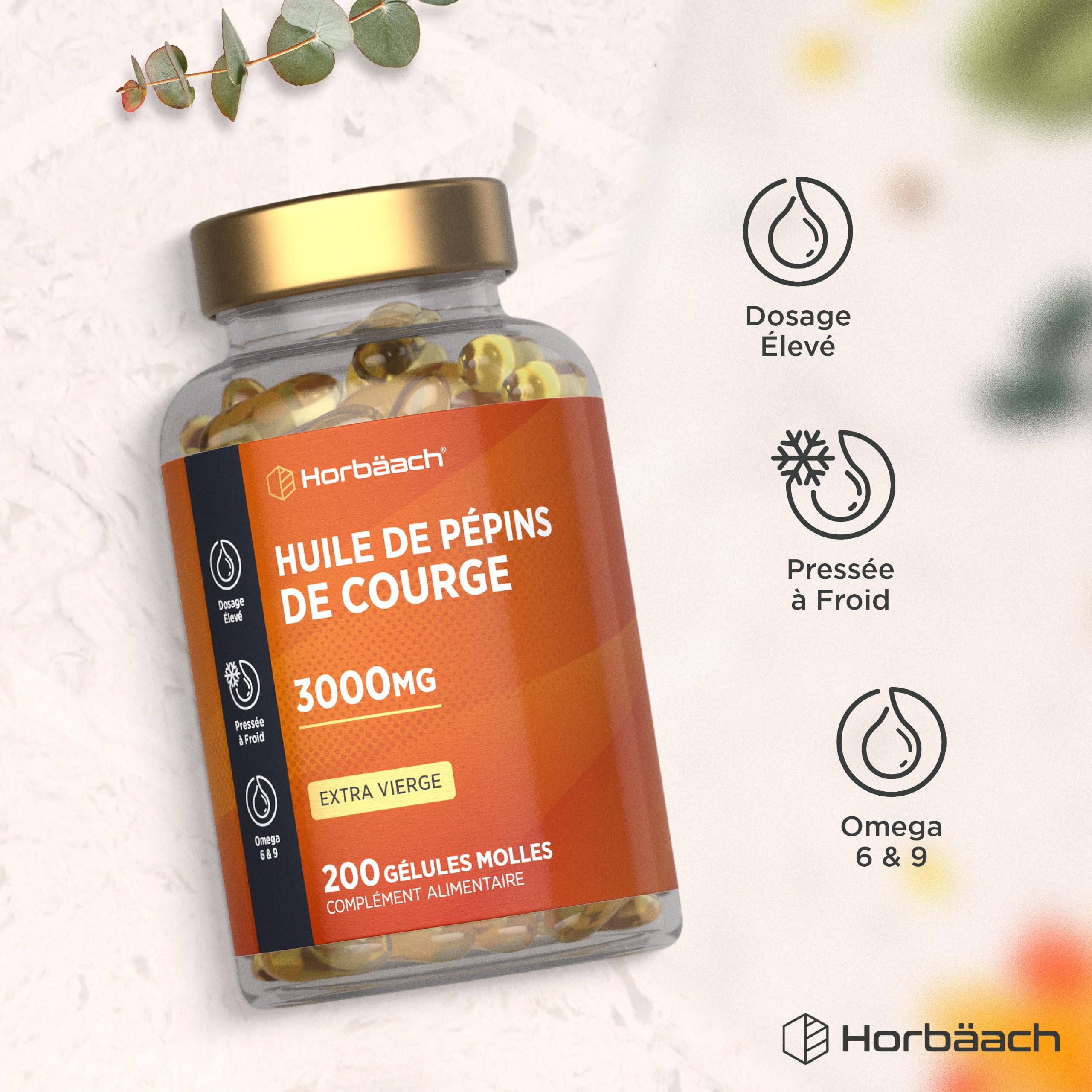 Huile de Pépin de Courge 3000mg | Pumpkin Seed Oil | 200 gélules | Huile de Graines de Citrouille | Pressé à froid et extra vierge | Horbaach