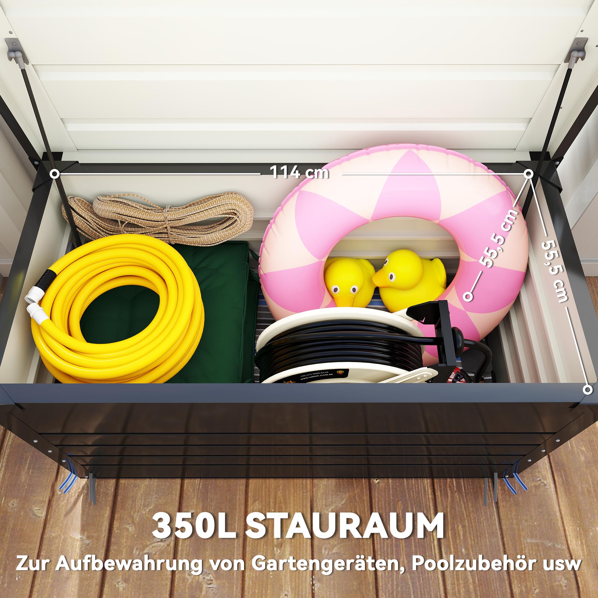 Outsunny Gartenbox Metall 350L Kissenbox mit doppelwandig Deckel Handschuhe 120x61x62 cm Wasserabweisend Abschließbar Auflagenbox Aufbewahrungsbox Outdoor Box Gartentruhe für Garten Balkon Grau