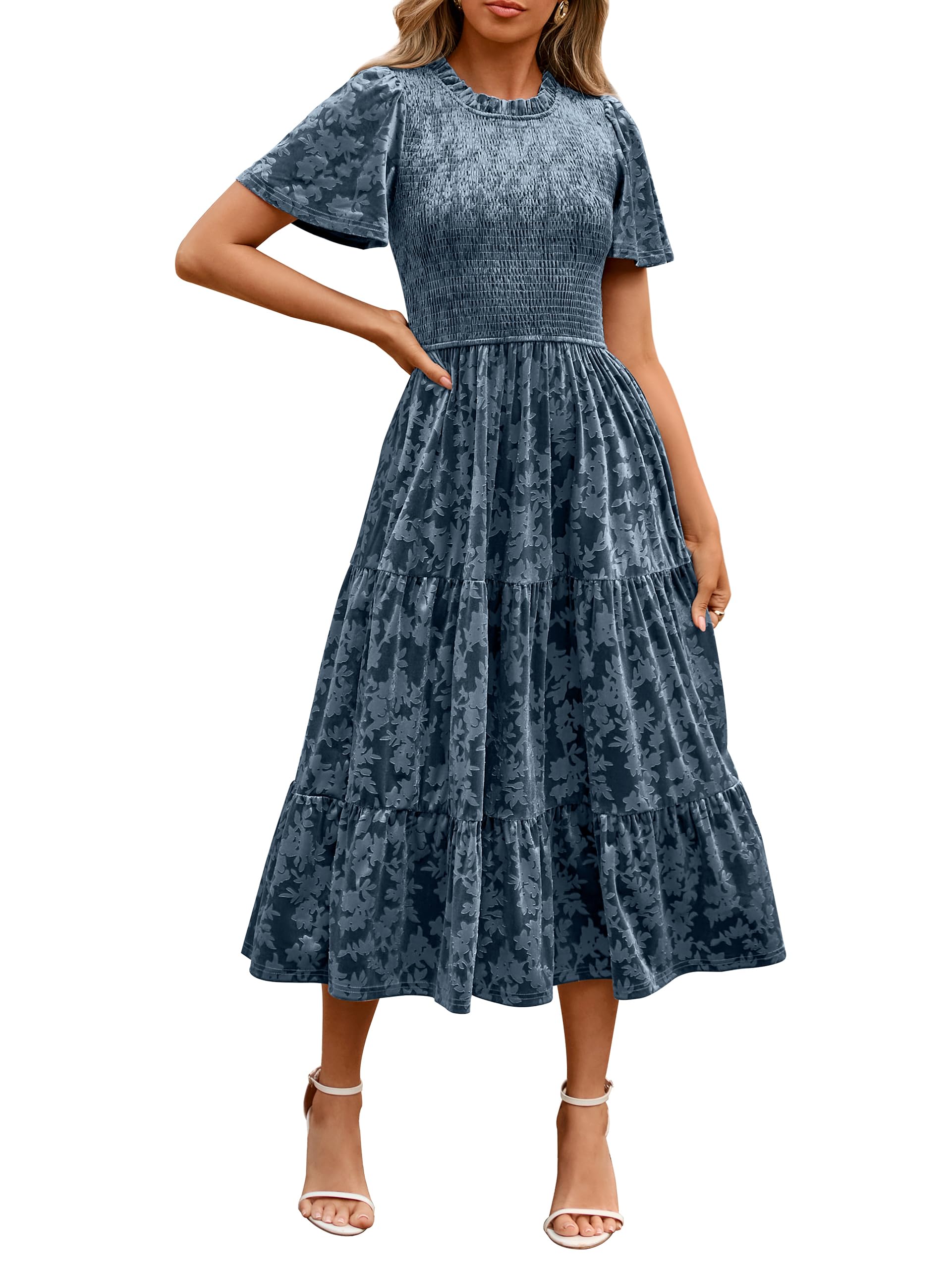 Photo 1 of Simplee Velvet Dress for Women Semi Formal Short Sleeve Mock Neck Empire Waist Fall Winter Wedding Guest Dresses Grey Blue,L