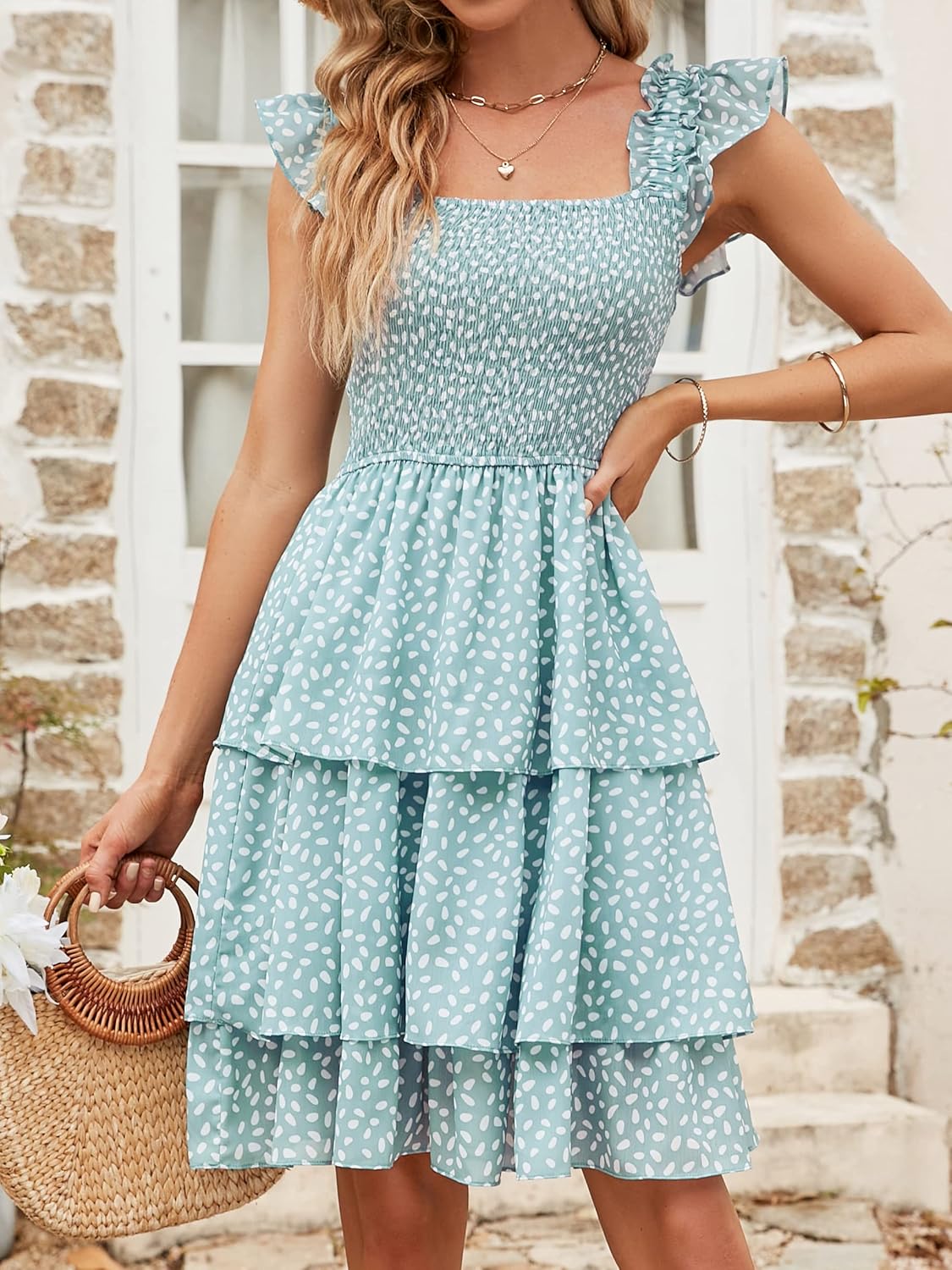 YATHON Smocked Ruffle Short Mini Dress for Women Square Neck Flowy Sleeveless Tiered Party Wedding Guest Dresses - Image 3