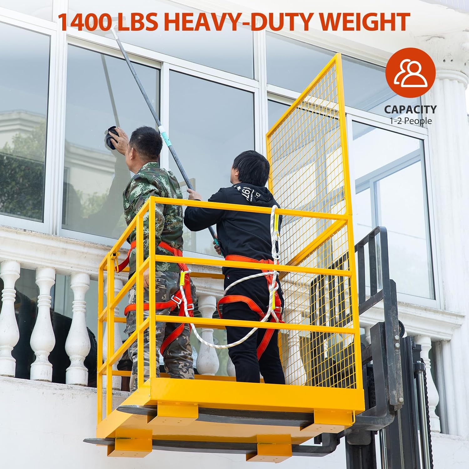 Foldable Forklift Safety Cage with Wheels – 43" x 45" Collapsible Aerial Work Platform, 1400 lbs Capacity, Includes Safety Harness & Lock for Loader Lifting, Heavy-Duty Mobile Lift Basket