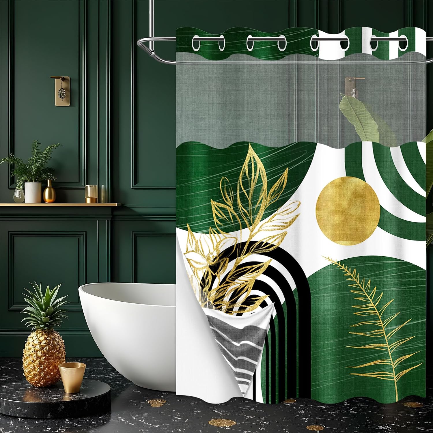 Olive Green Hookless Shower Curtain with Liner, 54x80 in, Tall Stall