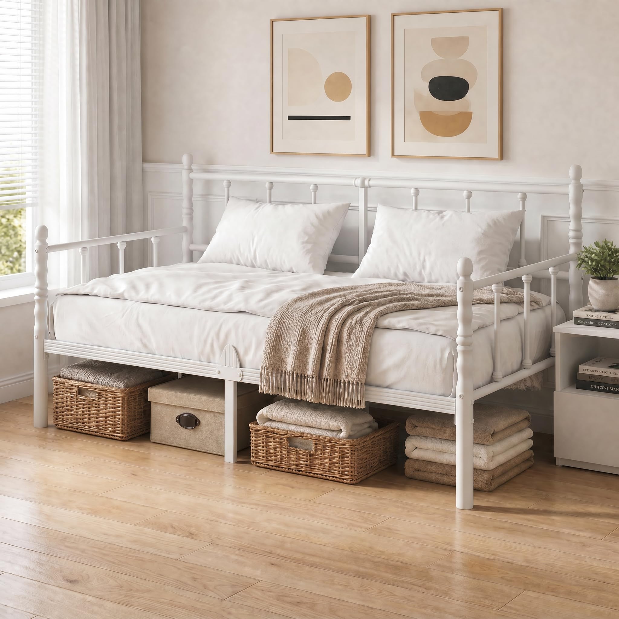 Apextella Home 3ft Single Bed Frame with Headboard,White Metal Day Bed Frame with Mattress Slide Stopper, Underbed Storage Space,Multi-Functional Easy Assembly for Living Room, Guest Room, Small Space