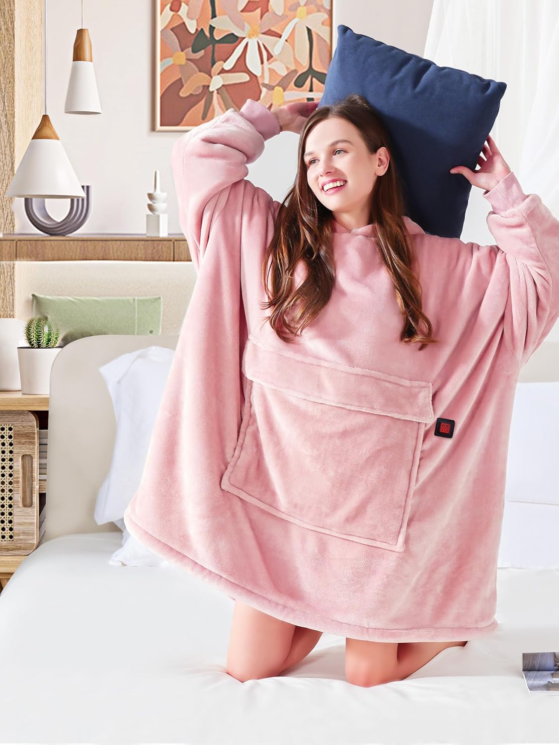 MAXEVE Heated Wearable Blanket Hoodie with 10000mAh Battery Pack, Oversized Sherpa Blanket Sweatshirt for Women & Men, Warm Soft Pink