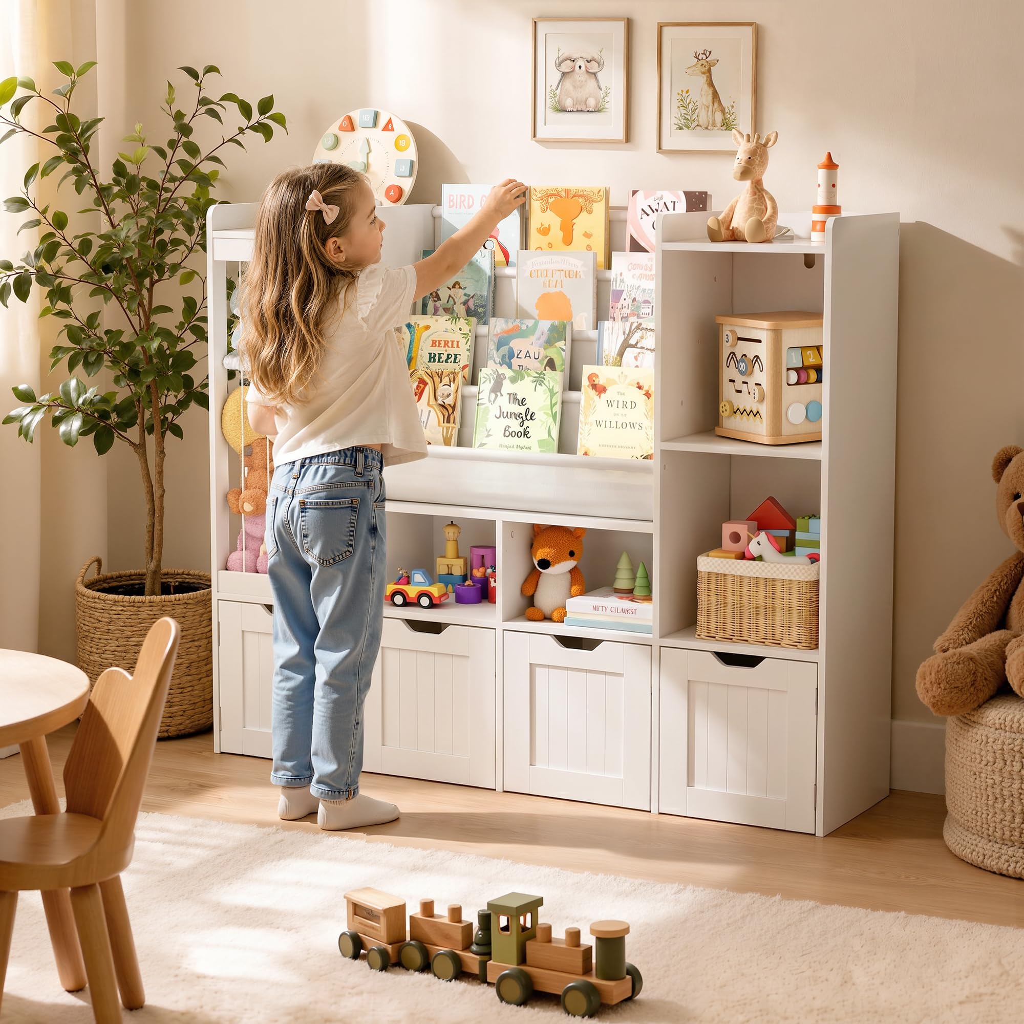 Pamapic Kinderregal, Bücherregal Kinder mit Kuscheltier Aufbewahrung, 2 Herausnehmbare Schubladen, Spielzeug Aufbewahrung mit 4 Offene Regale, Kinderzimmer Möbel für Kinderzimmer, 120x30x100cm, Weiß