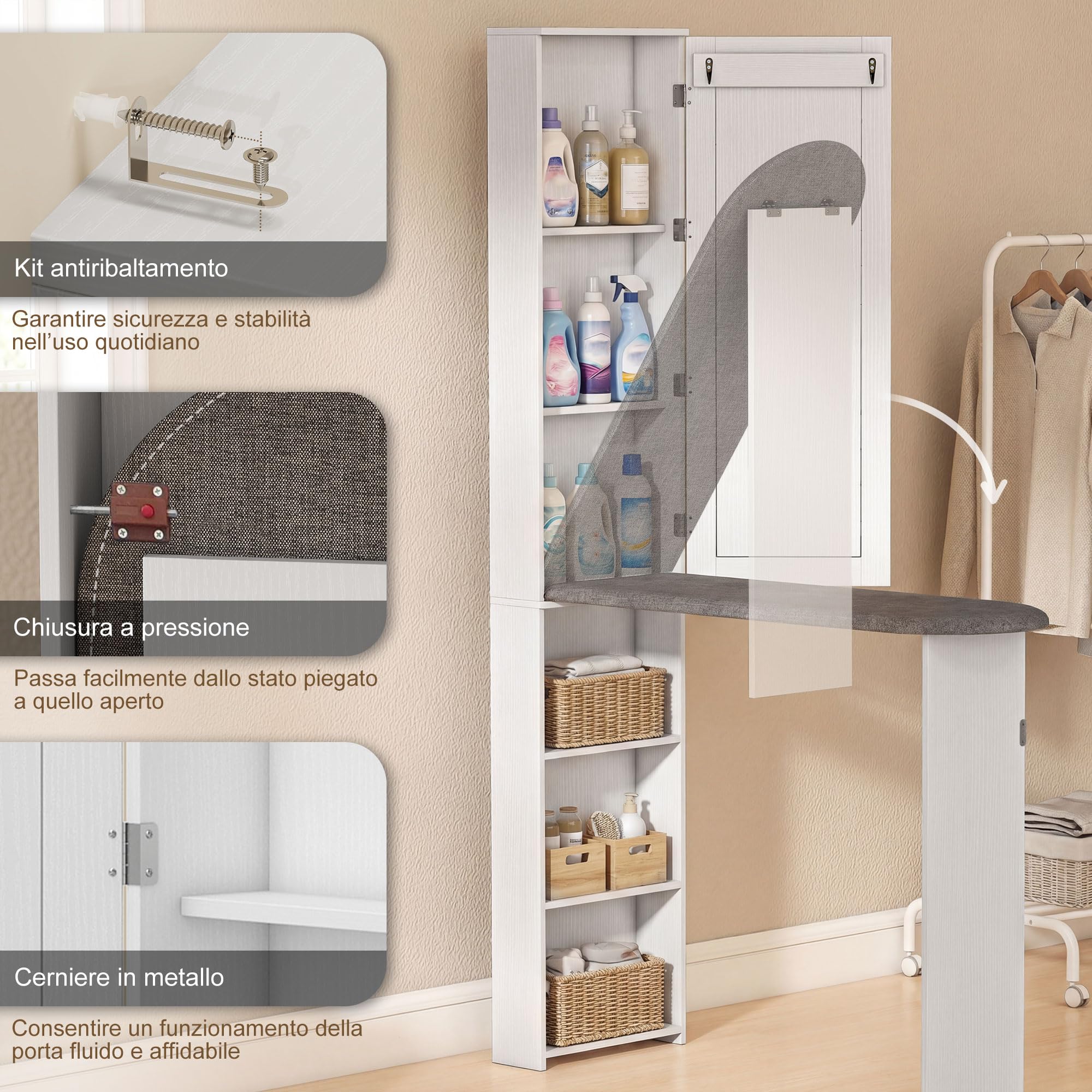 HOMCOM Mobile Asse da Stiro Pieghevole Salvaspazio con Specchio, Mobile da Stiro Multiuso con 6 Scomparti, 2 Ganci, per Lavanderia Bagno, 107x35x174 cm, Bianco