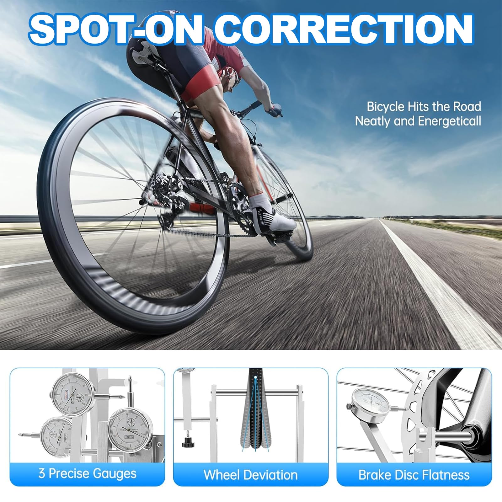 Soporte de rueda de bicicleta, herramienta de reparación de llantas resistente con 3 medidores de esfera, soporte de reparación de bicicleta de aleación de aluminio de ancho ajustable para el hogar y