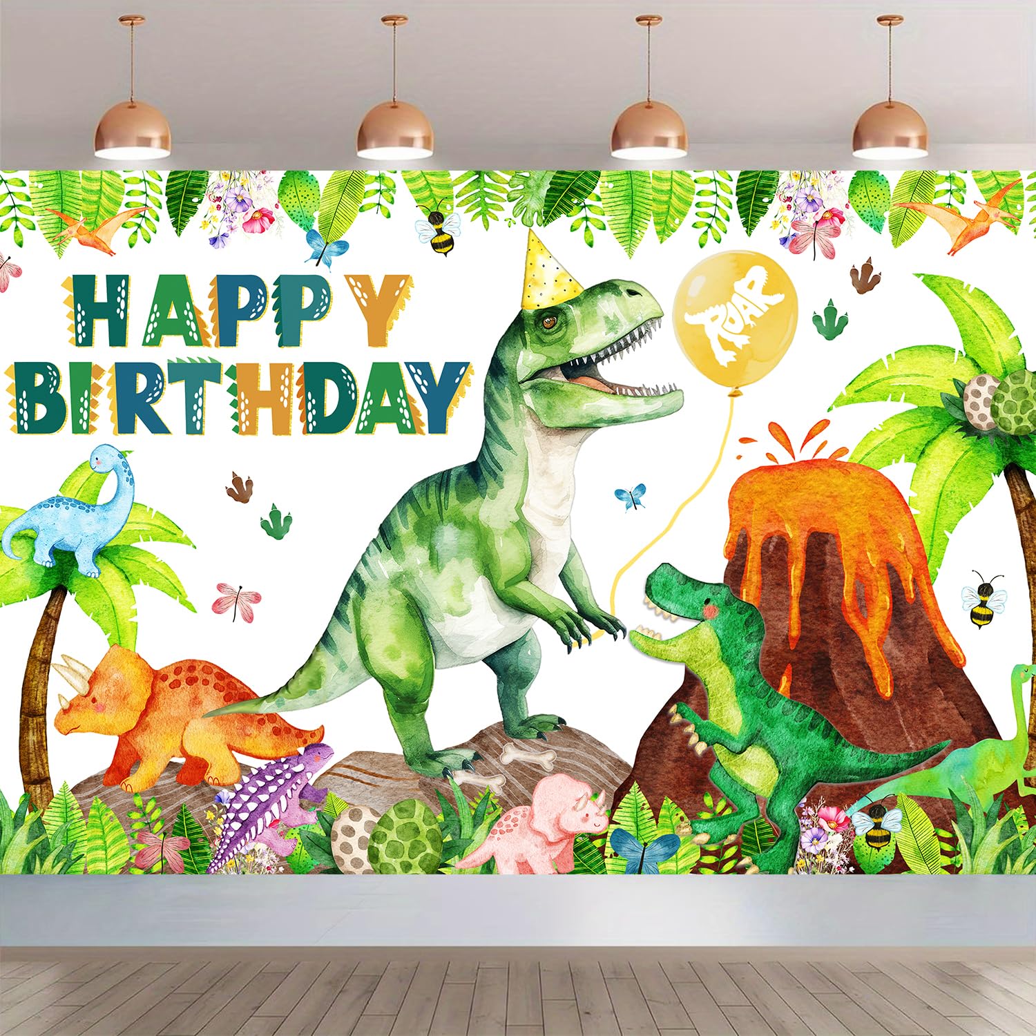 Dinosaur Birthday Backdrop Banner Roar Dino Happy Birthday Jungle Leaves T-rex Dinosaur Photography Background for Boy Girl 1st 2nd 3rd 4th 10th Bday Party Supplies Decor (Green Happy Bday Generic) — image 1