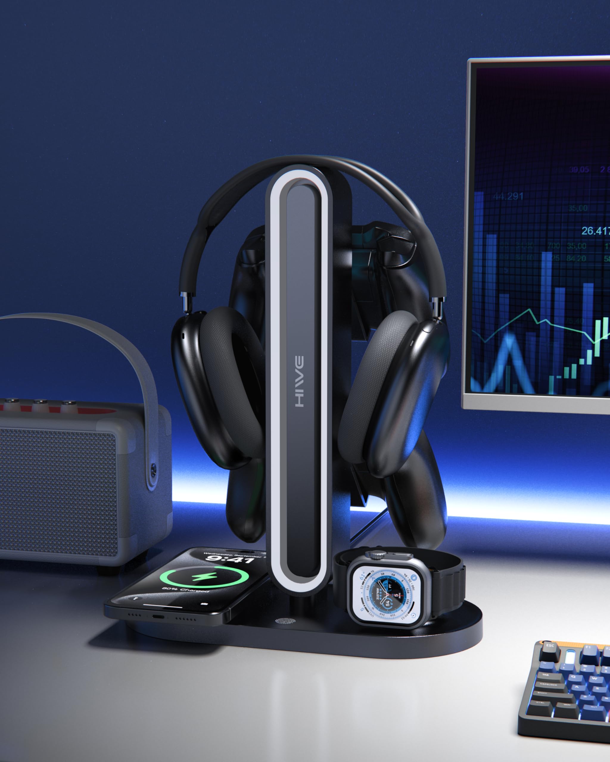 HiWe Supporto universale per cuffie da gioco RGB con 2 supporti per controller, caricabatterie wireless per iPhone/iWatch, ABS solido, base antiscivolo, nero