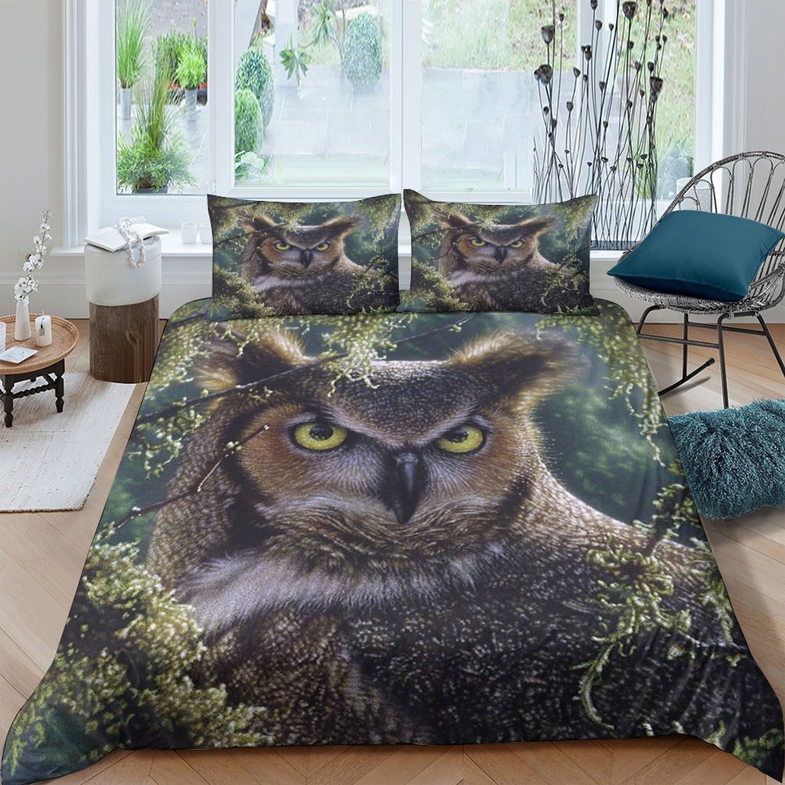 Ctjqhvkz Style-1 3D Printed Owl Forest Fitted Sheet Microfiber Soft Breathable Woodland Bed Cover For Bedroom Guestroom Decor Single（135X200cm）