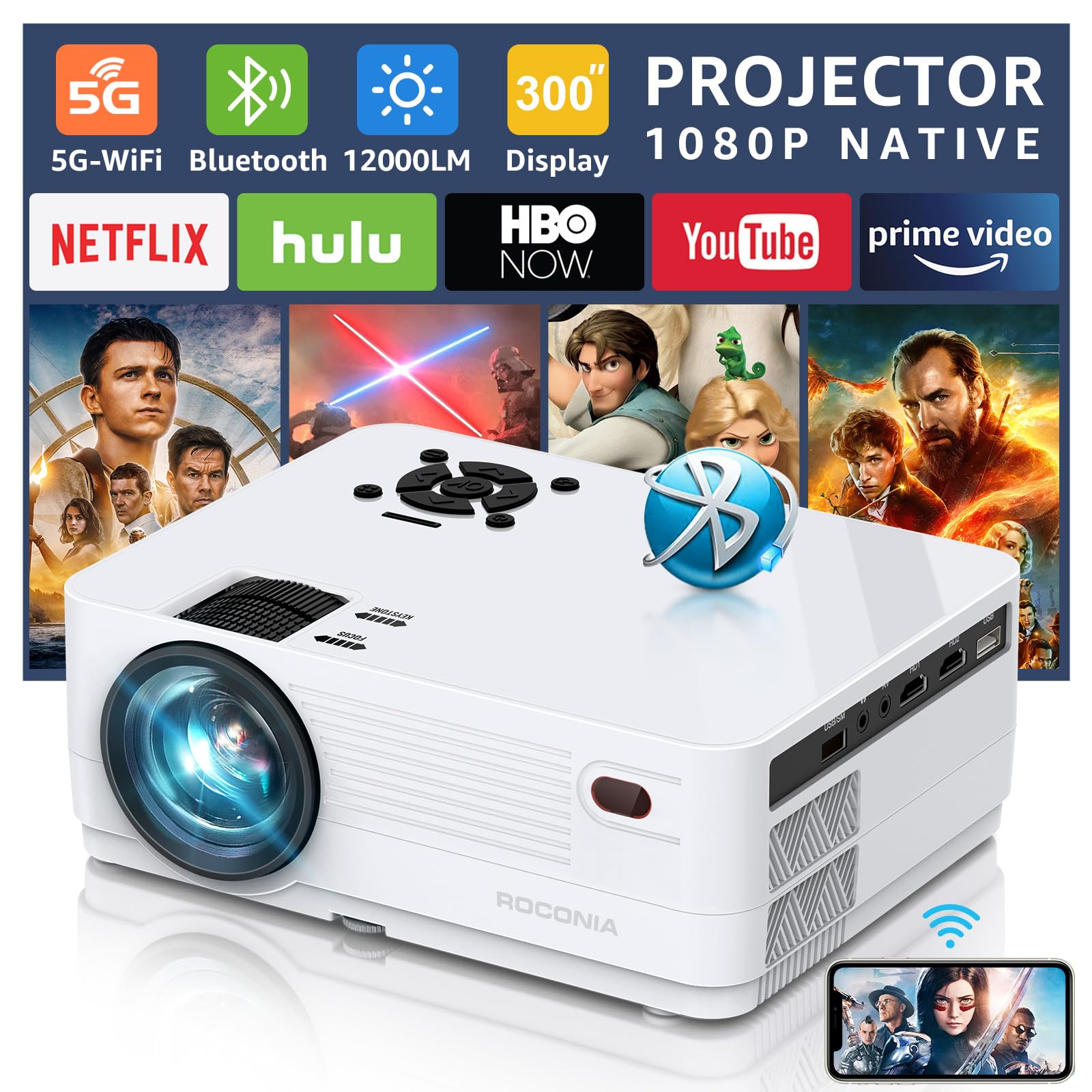 ロジェクター WiFi / 1080P//4K対応/Bluetooth Amazon.com: ROCONIA Native 1080P 5G WiFi Bluetooth Projector