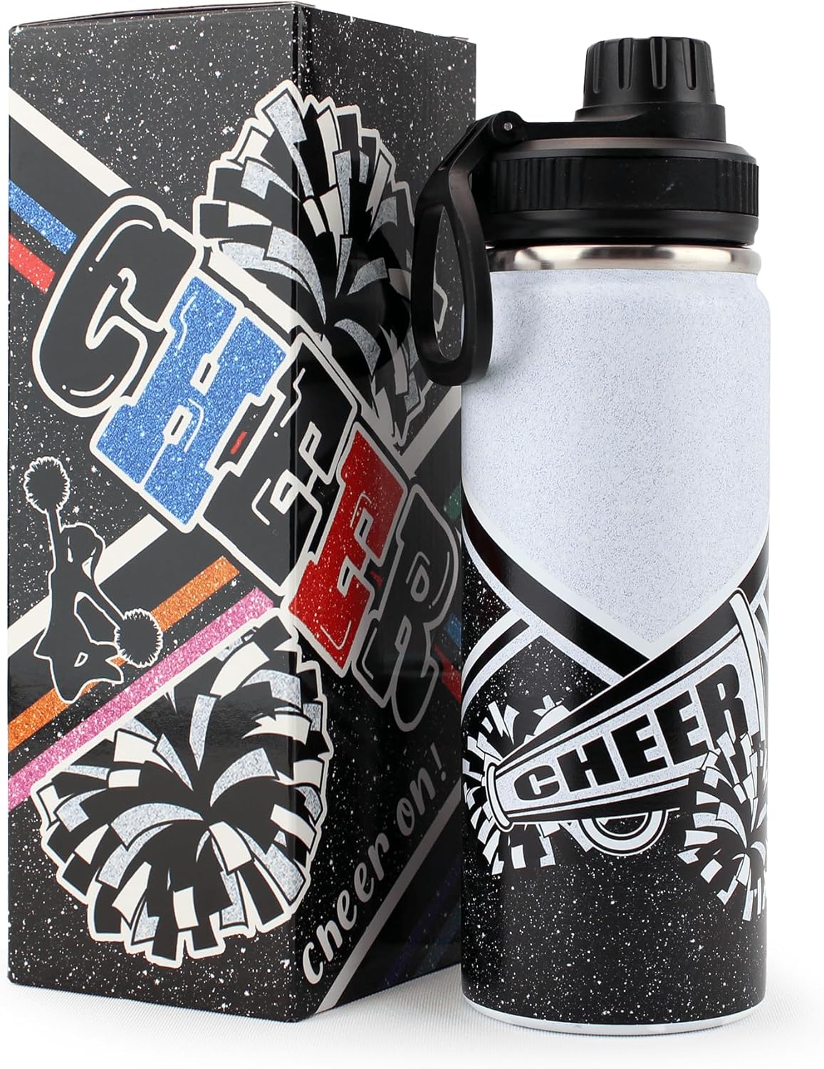 Cheer Water Bottle for Girls 18 oz, Insulated Stainless Steel Sports Bottle with Spout Lid, Cheerleader Gift Bulk for Team, Squad Gifts (Silver)