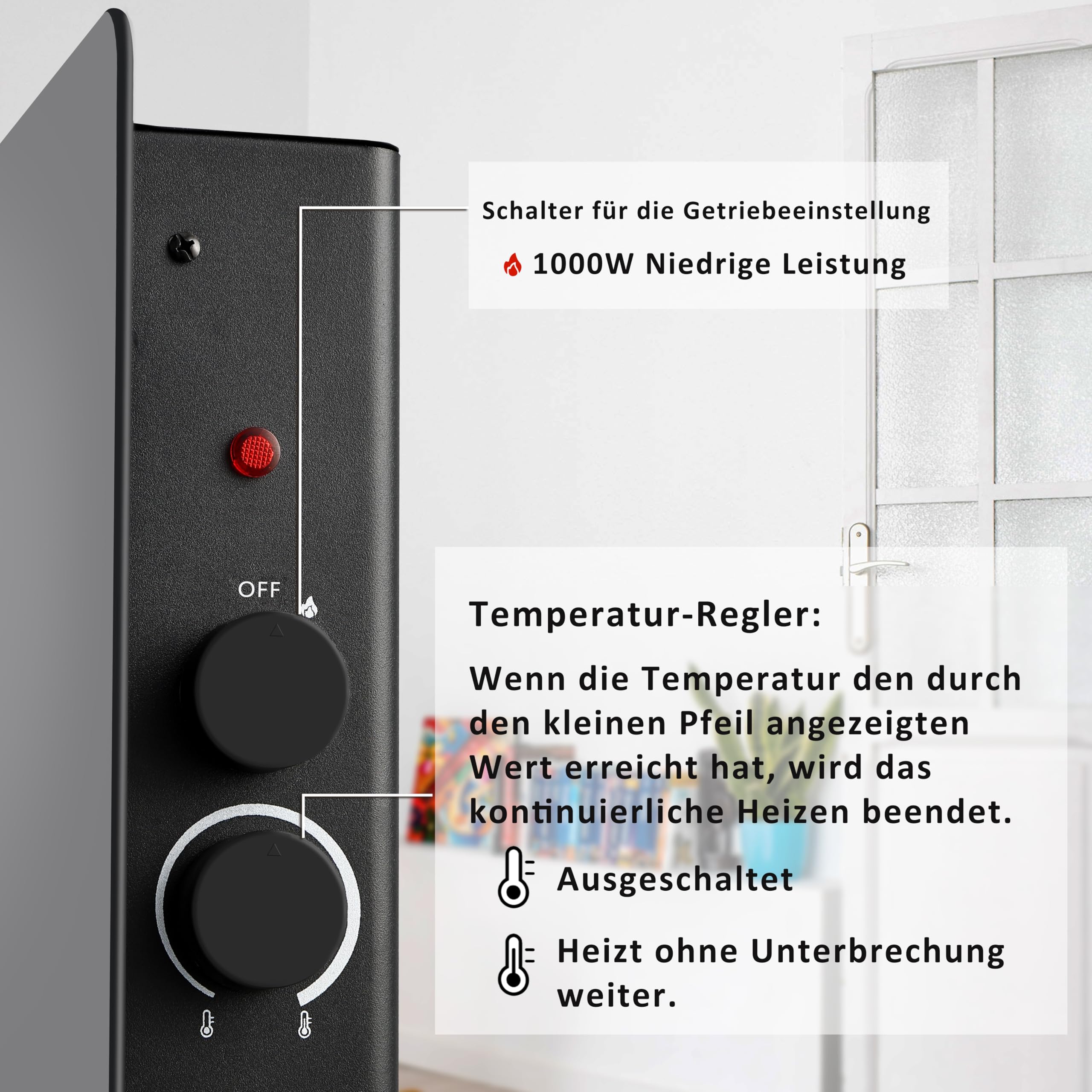 DONYER POWER 1000W Konvektor-Heizung, ultradünn, wandmontiert oder freistehend, schwarze Glasscheibe