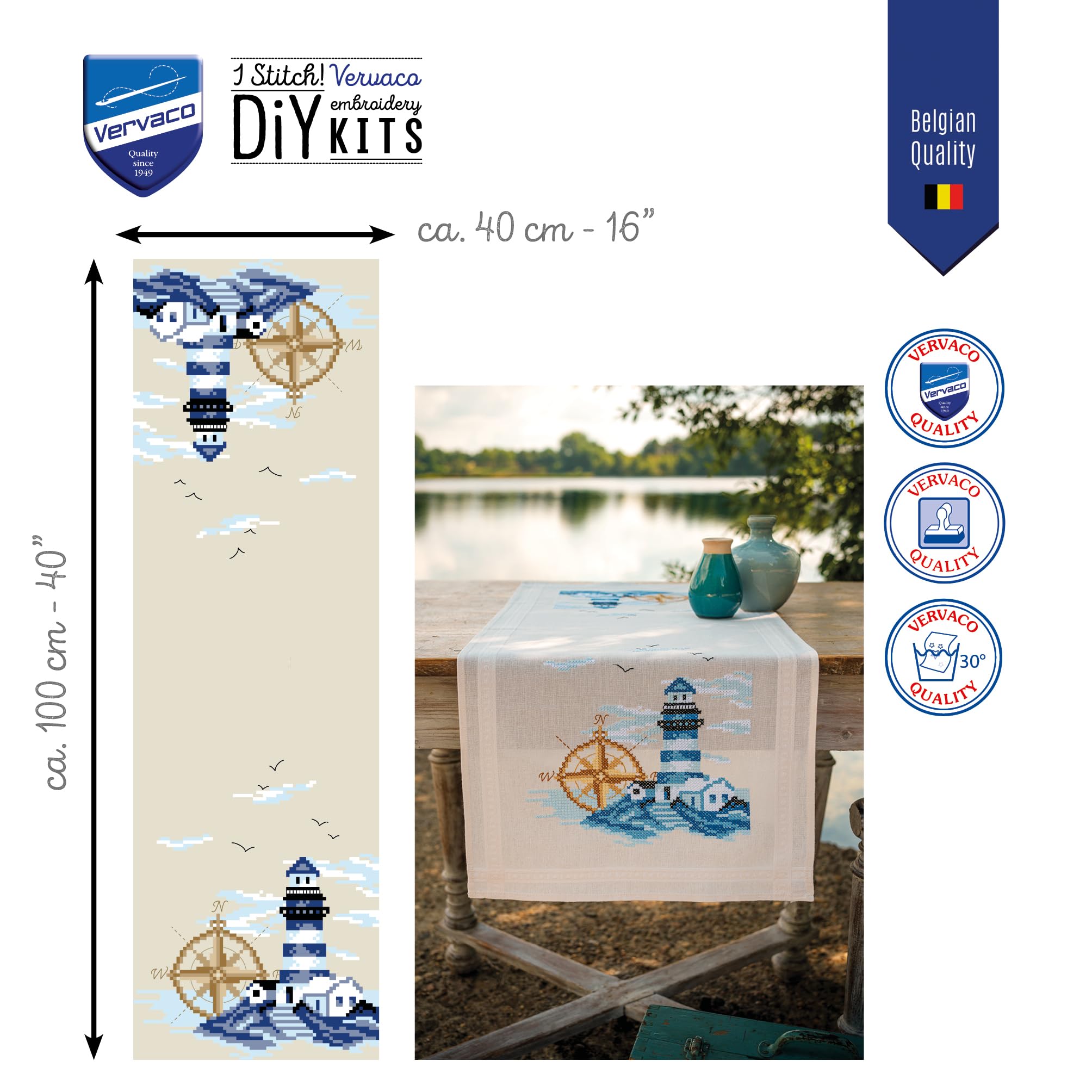 VERVACO Kit Point De Croix Pré-Imprimé Chemin De Table MARINE Broderie Kit Complet Adulte Loisir Créatif Maison Decoration Manuelle Table Cadeou DIY ca. 40 x 100 cm Cross Stitch Embroidery
