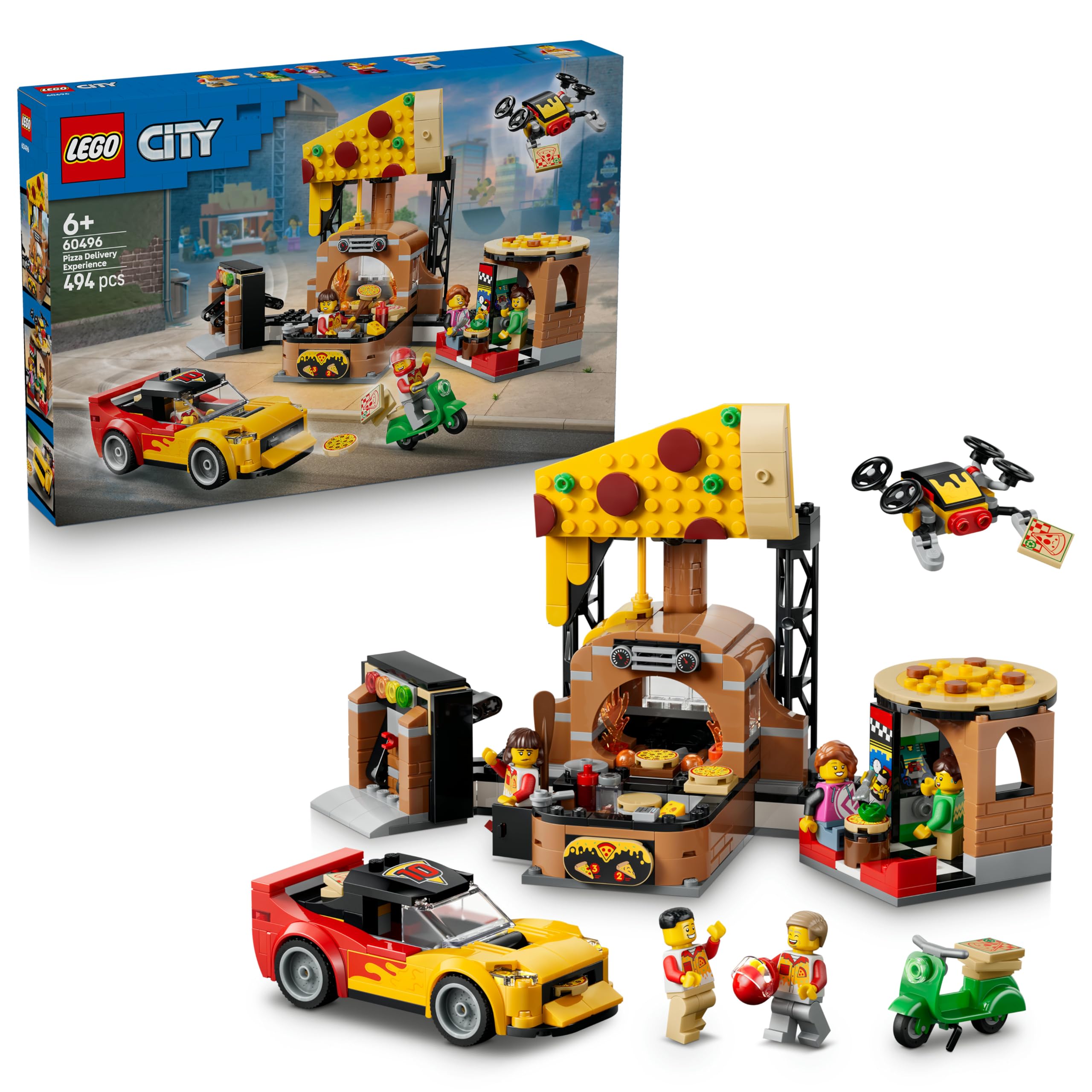 LEGO City Experiencia de Pizza a Domicilio con Vehículos – Coche, Moto y Dron de Juguete, Comida, Máquina Recreativa y 4 Minifiguras – Regalo de Cumpleaños para Niños de 6+ Años – 60496